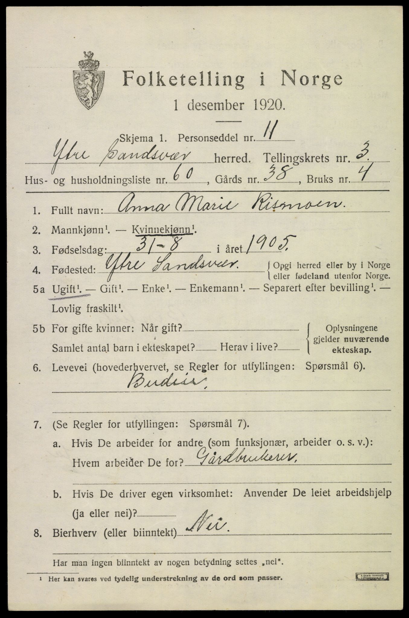 SAKO, 1920 census for Ytre Sandsvær, 1920, p. 4386