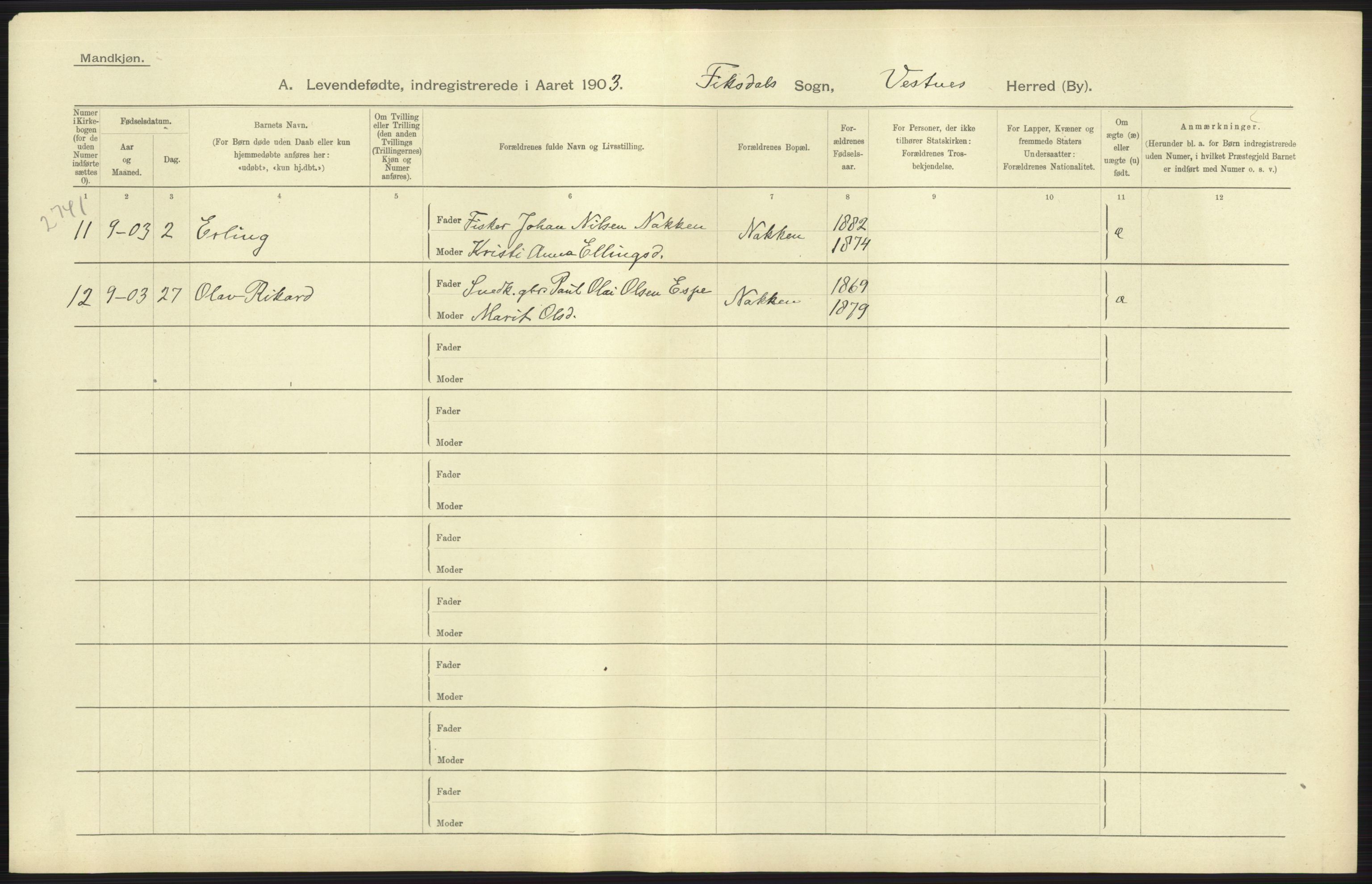 Statistisk sentralbyrå, Sosiodemografiske emner, Befolkning, AV/RA-S-2228/D/Df/Dfa/Dfaa/L0016: Romsdal amt: Fødte, gifte, døde., 1903, p. 29