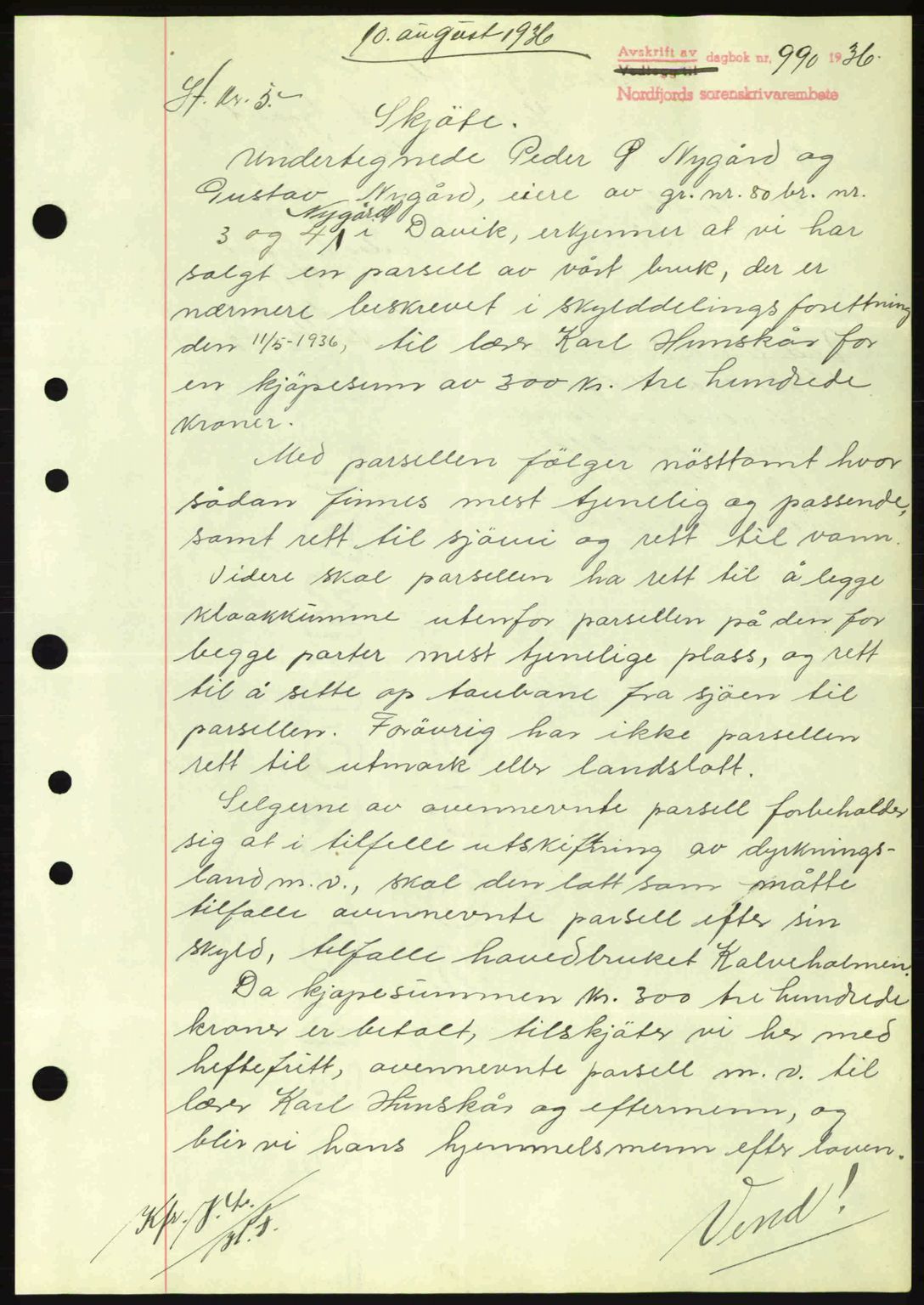 Nordfjord sorenskriveri, AV/SAB-A-2801/02/02b/02bj/L0001: Mortgage book no. A1, 1936-1937, Diary no: : 990/1936