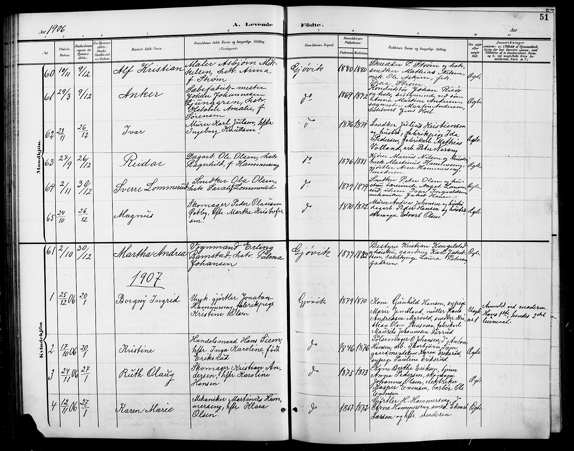 Vardal prestekontor, SAH/PREST-100/H/Ha/Hab/L0012: Parish register (copy) no. 12, 1902-1911, p. 51