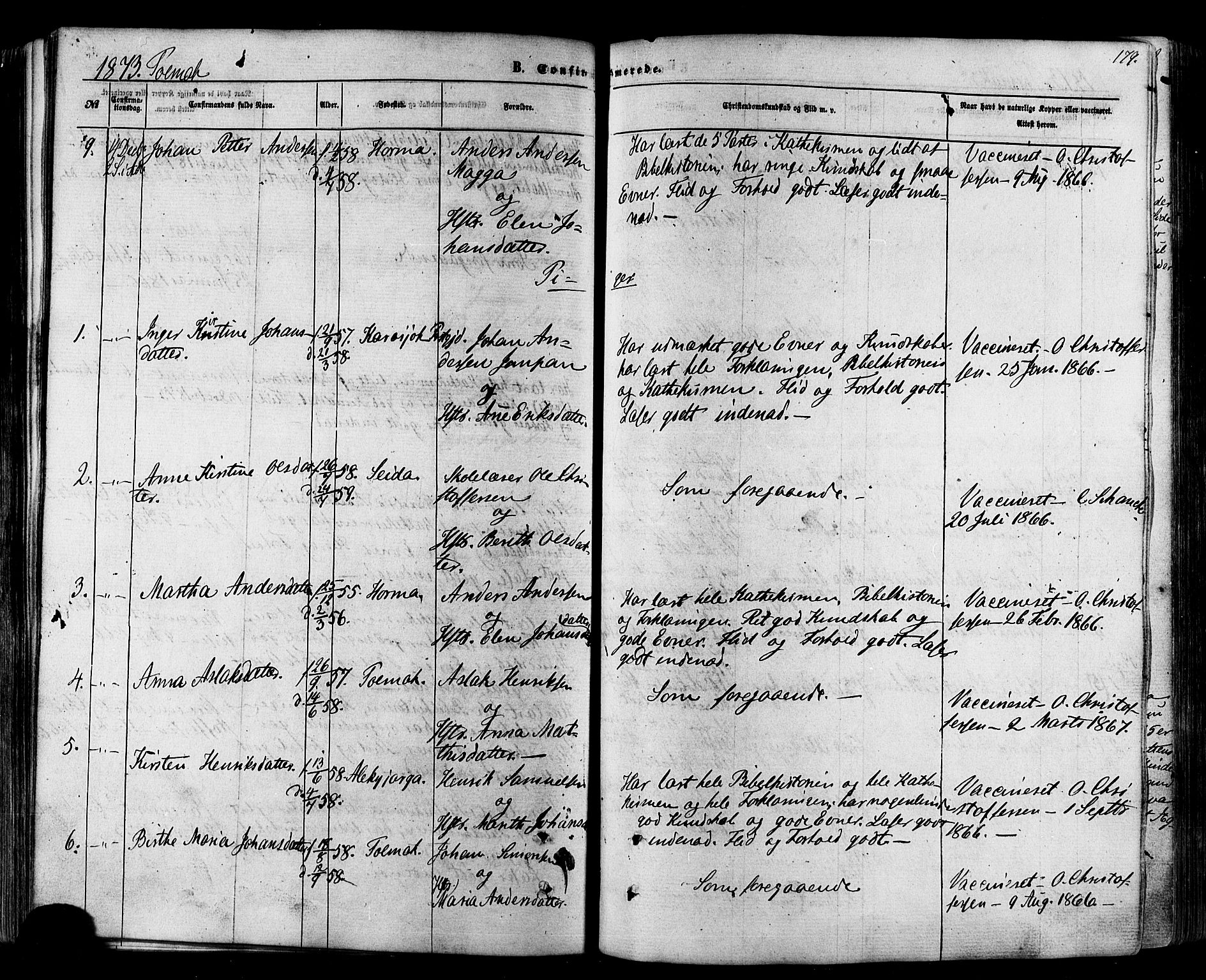 Nesseby sokneprestkontor, SATØ/S-1330/H/Ha/L0003kirke: Parish register (official) no. 3 /2, 1866-1876, p. 179