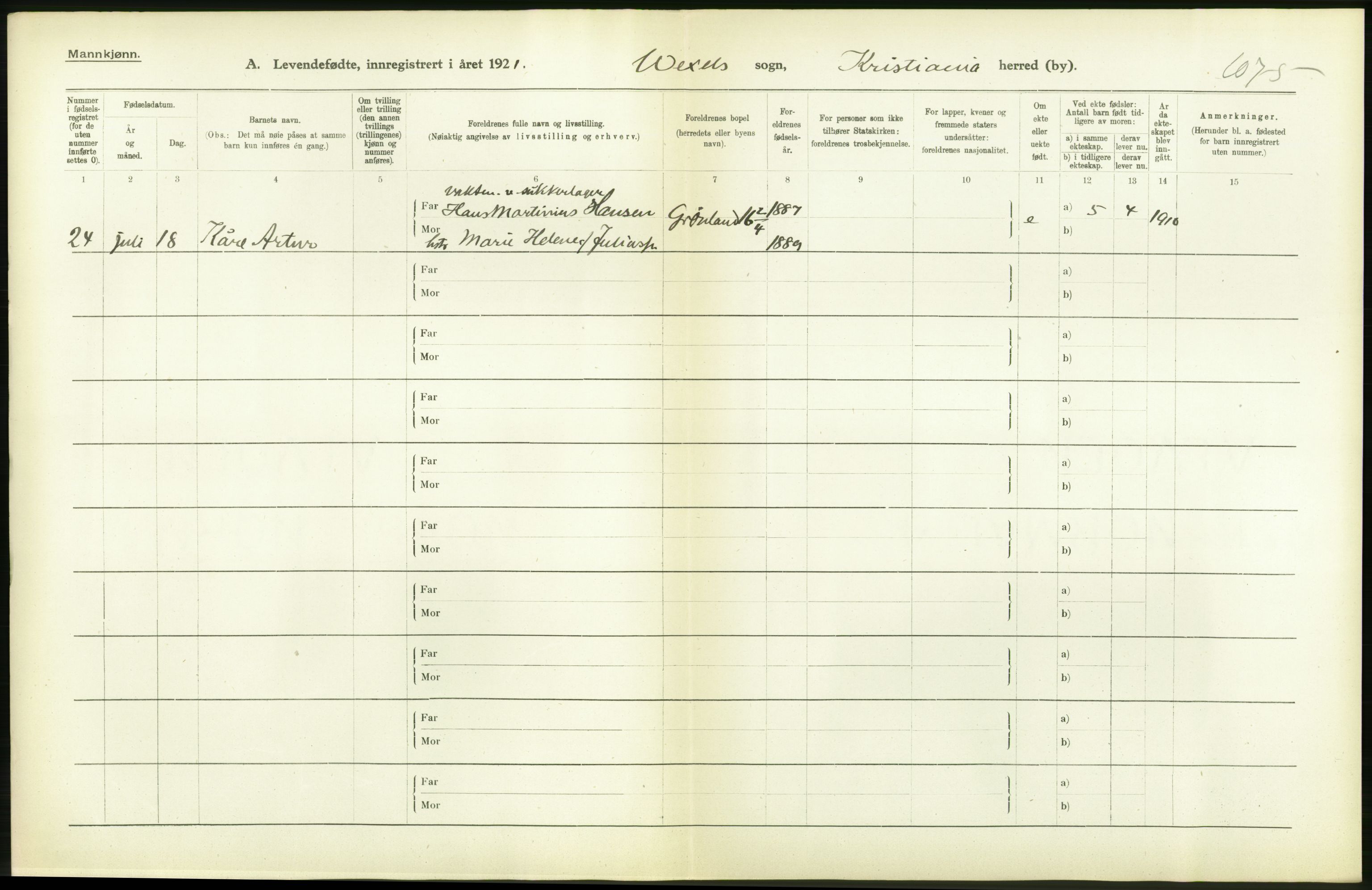 Statistisk sentralbyrå, Sosiodemografiske emner, Befolkning, AV/RA-S-2228/D/Df/Dfc/Dfca/L0009: Kristiania: Levendefødte menn og kvinner., 1921, p. 50