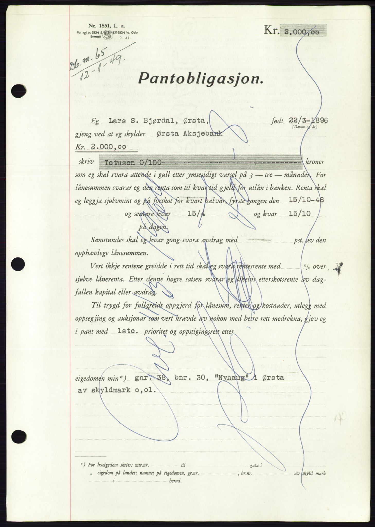 Søre Sunnmøre sorenskriveri, AV/SAT-A-4122/1/2/2C/L0116: Mortgage book no. 4B, 1948-1949, Diary no: : 65/1949