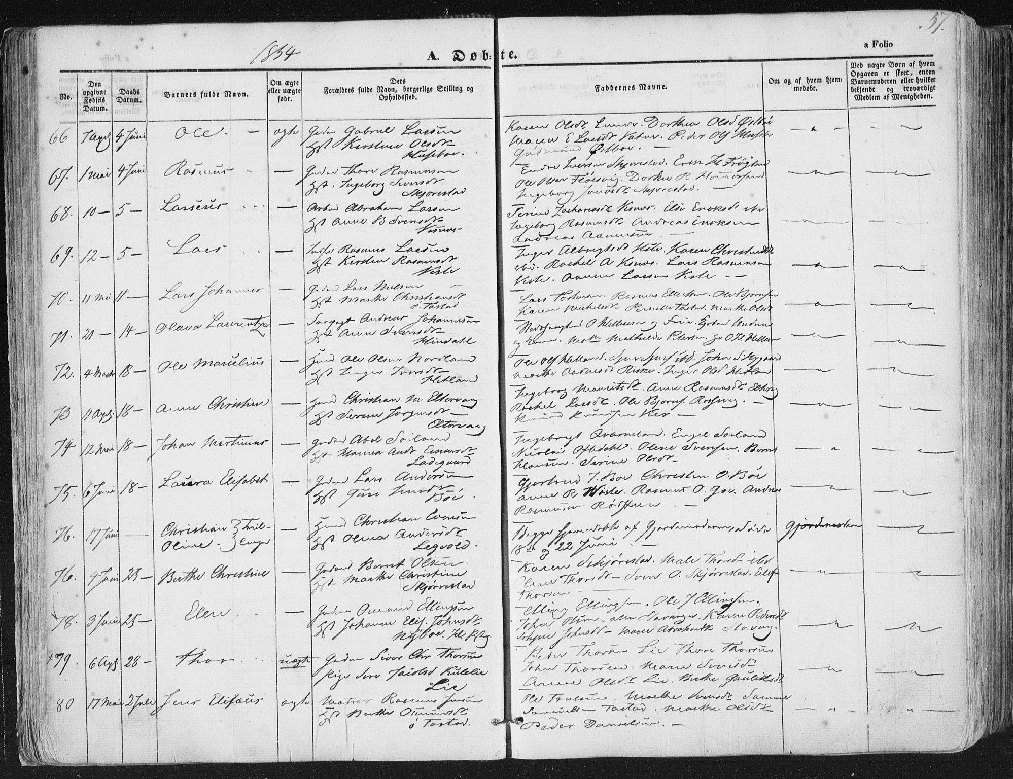Hetland sokneprestkontor, AV/SAST-A-101826/30/30BA/L0002: Parish register (official) no. A 2, 1849-1869, p. 57