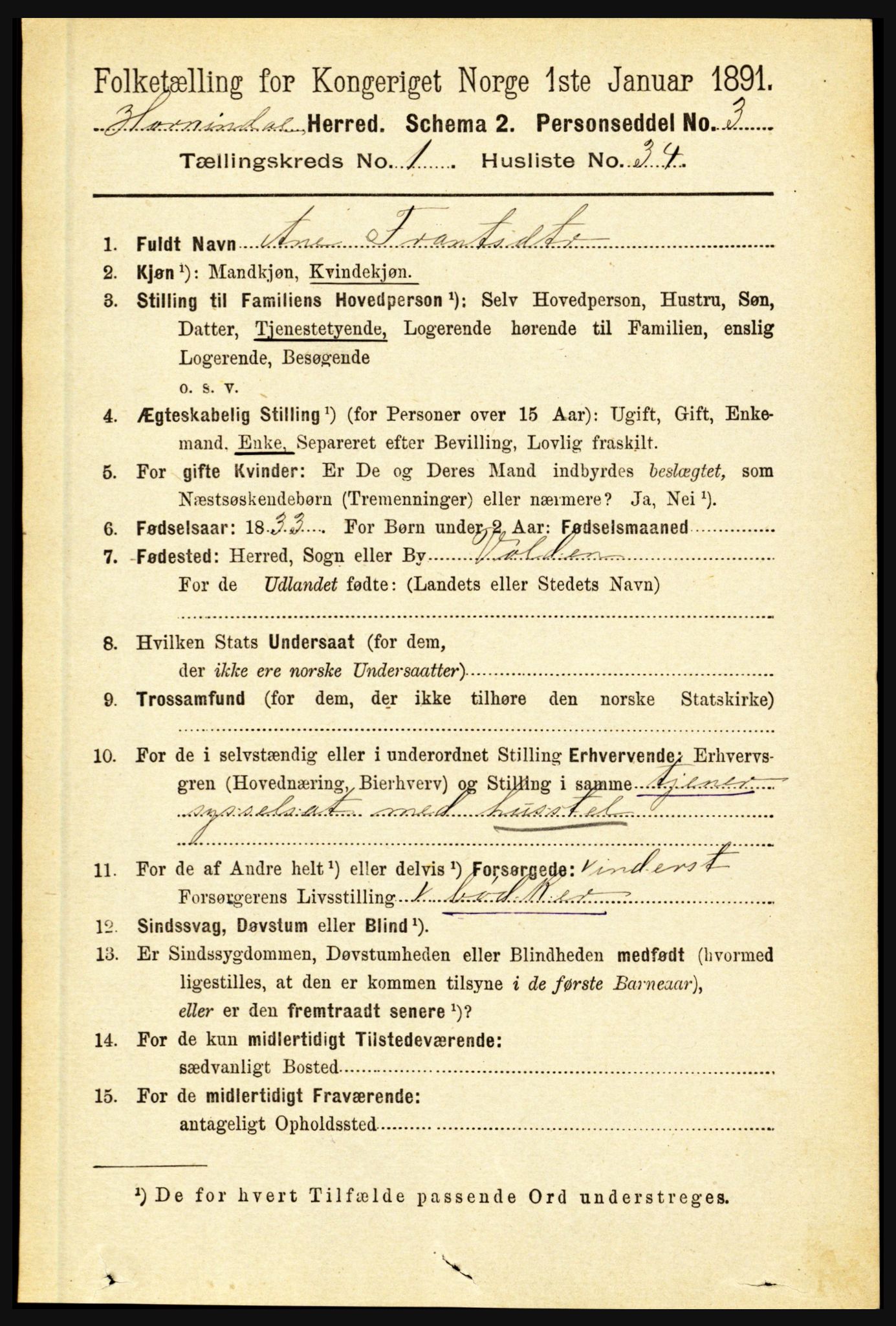 RA, 1891 census for 1444 Hornindal, 1891, p. 291