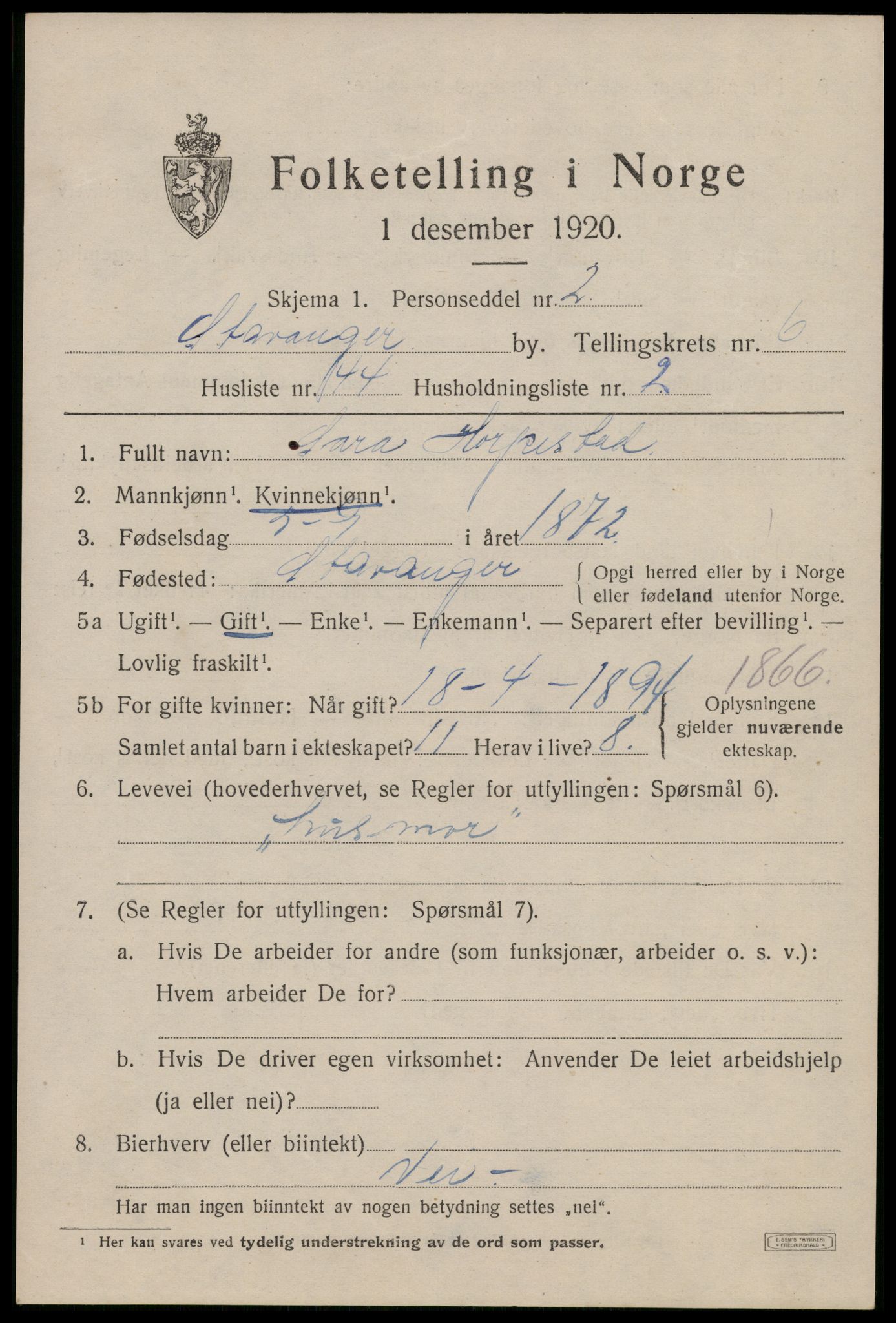 SAST, 1920 census for Stavanger, 1920, p. 43134