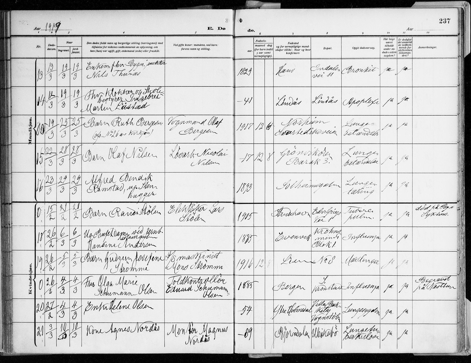 Årstad Sokneprestembete, AV/SAB-A-79301/H/Haa/L0003: Parish register (official) no. A 3, 1914-1919, p. 237