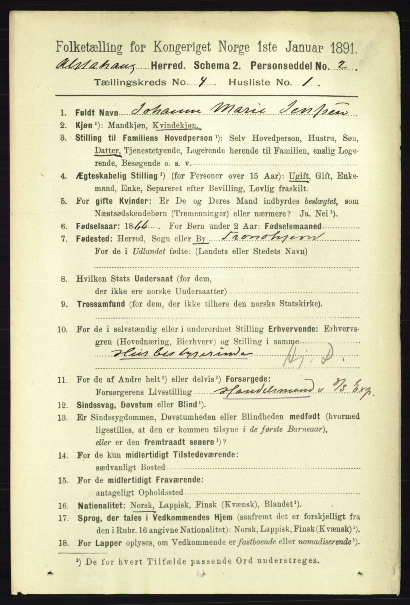 RA, 1891 census for 1820 Alstahaug, 1891, p. 1498