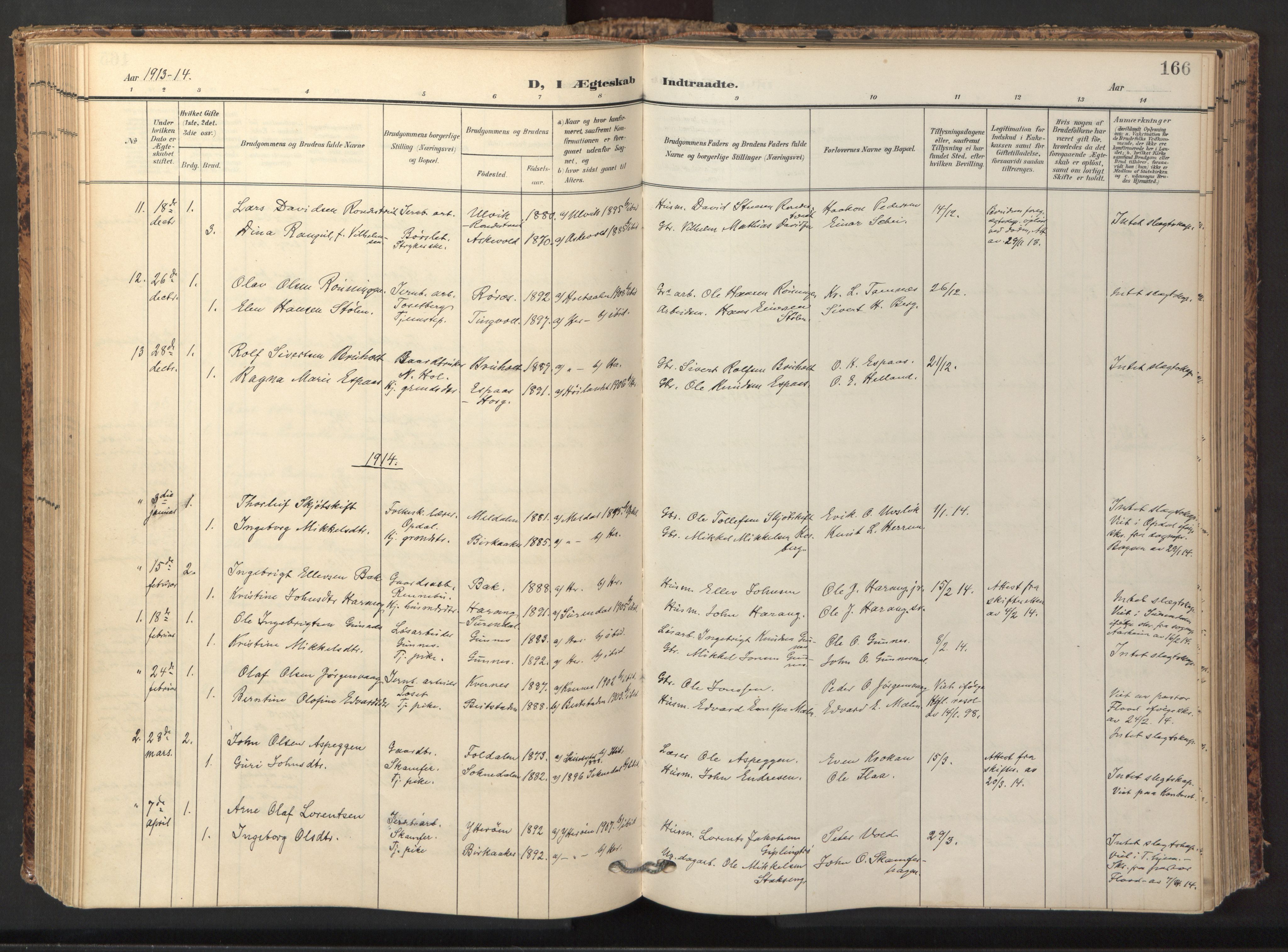 Ministerialprotokoller, klokkerbøker og fødselsregistre - Sør-Trøndelag, SAT/A-1456/674/L0873: Parish register (official) no. 674A05, 1908-1923, p. 166