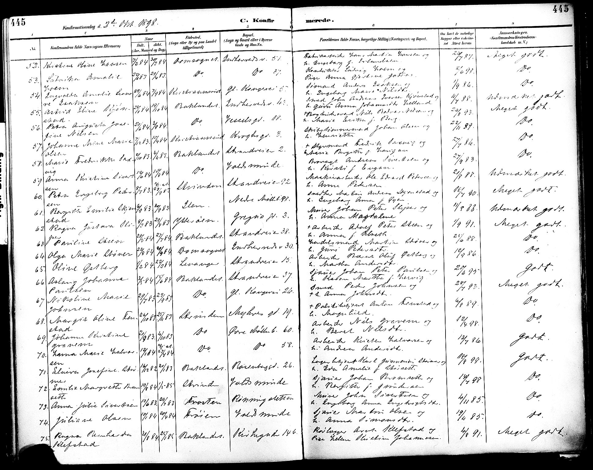 Ministerialprotokoller, klokkerbøker og fødselsregistre - Sør-Trøndelag, AV/SAT-A-1456/604/L0197: Parish register (official) no. 604A18, 1893-1900, p. 445