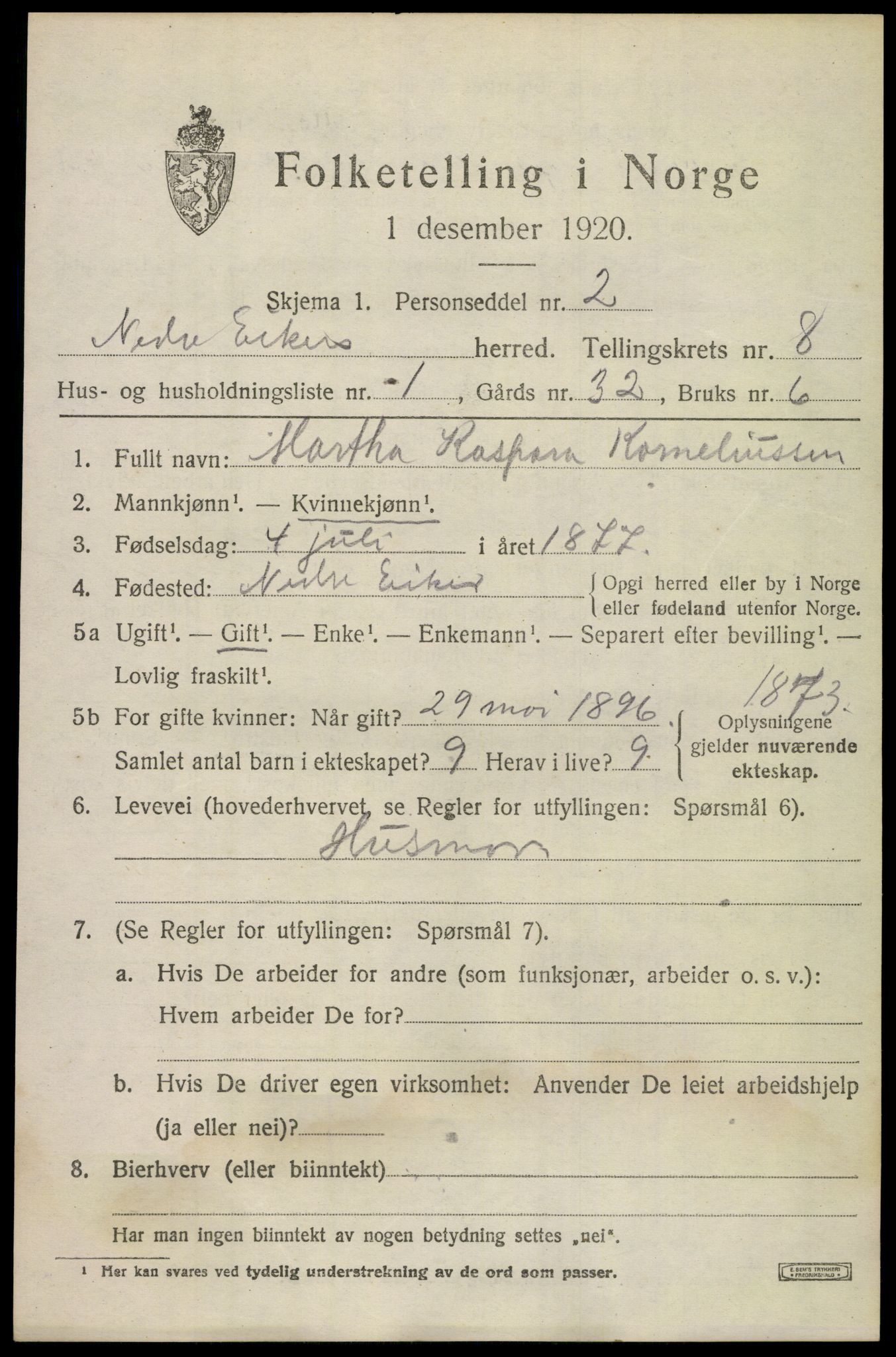 SAKO, 1920 census for Nedre Eiker, 1920, p. 8411