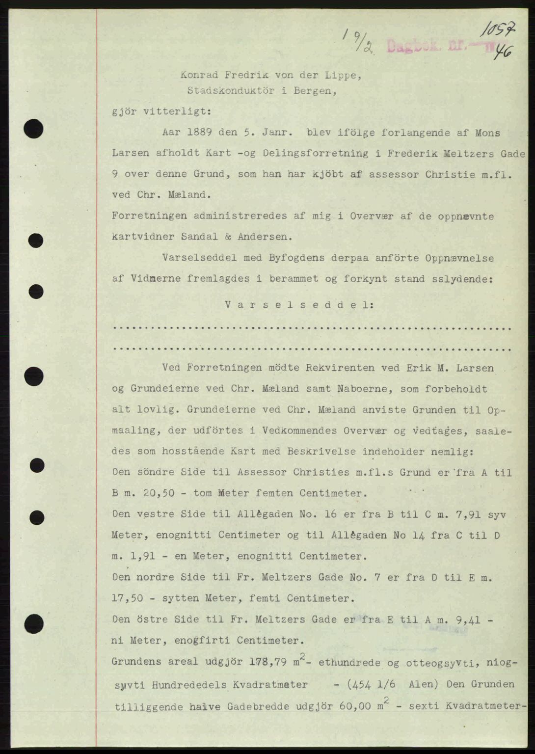 Byfogd og Byskriver i Bergen, SAB/A-3401/03/03Bc/L0022: Mortgage book no. A18, 1946-1946, Diary no: : 1057/1946
