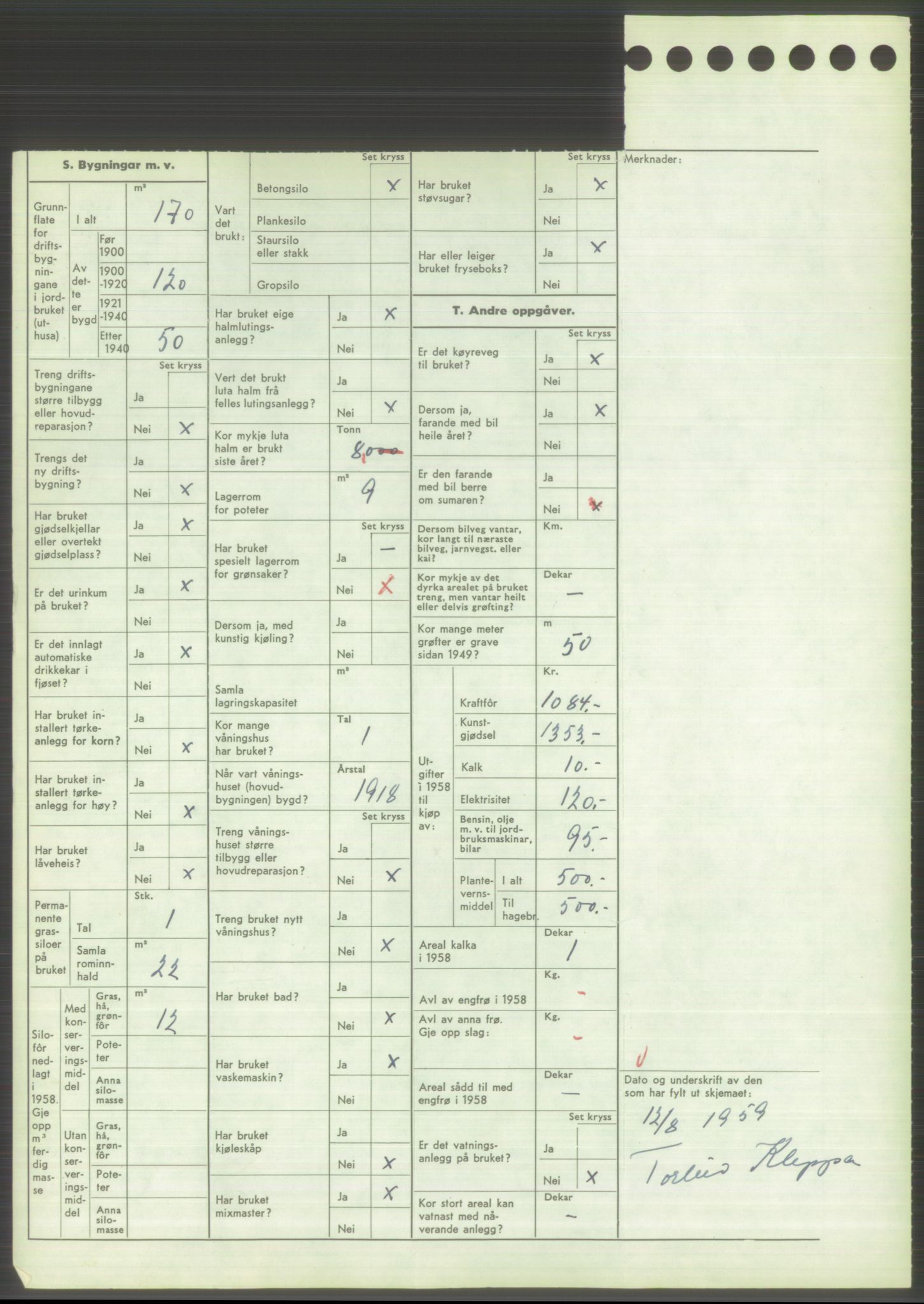 Statistisk sentralbyrå, Næringsøkonomiske emner, Jordbruk, skogbruk, jakt, fiske og fangst, AV/RA-S-2234/G/Gd/L0373: Rogaland: 1130 Strand (kl. 1-2), 1131 Årdal og 1132 Fister, 1959, p. 1318