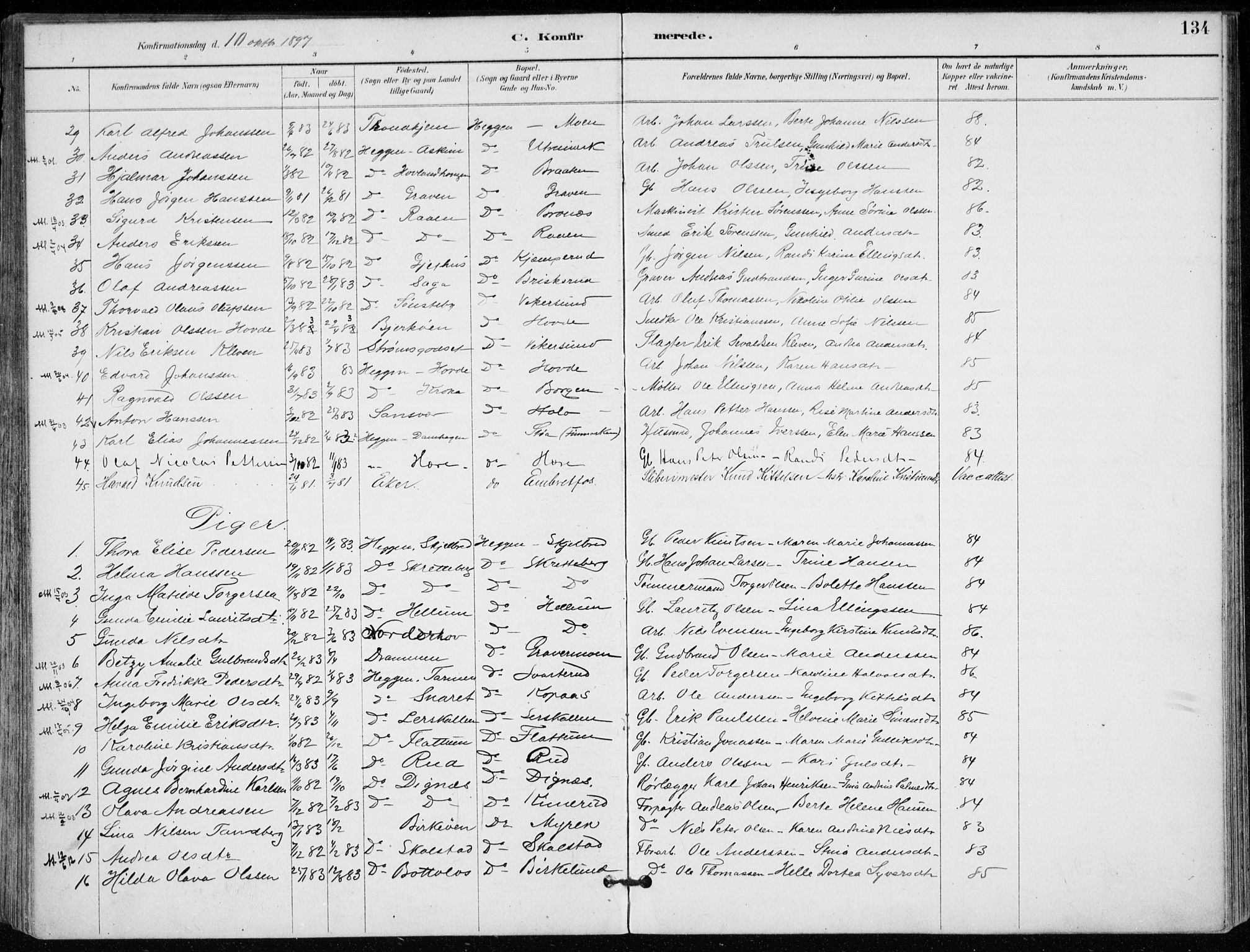 Modum kirkebøker, AV/SAKO-A-234/F/Fa/L0012: Parish register (official) no. 12, 1890-1898, p. 134