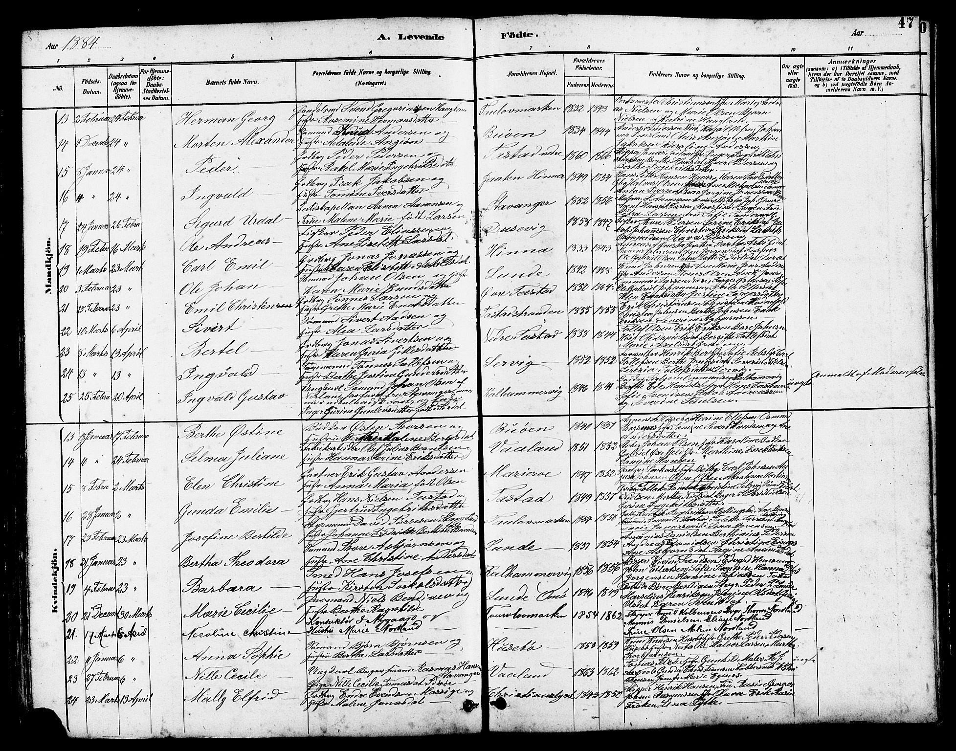 Hetland sokneprestkontor, AV/SAST-A-101826/30/30BB/L0005: Parish register (copy) no. B 5, 1878-1910, p. 47