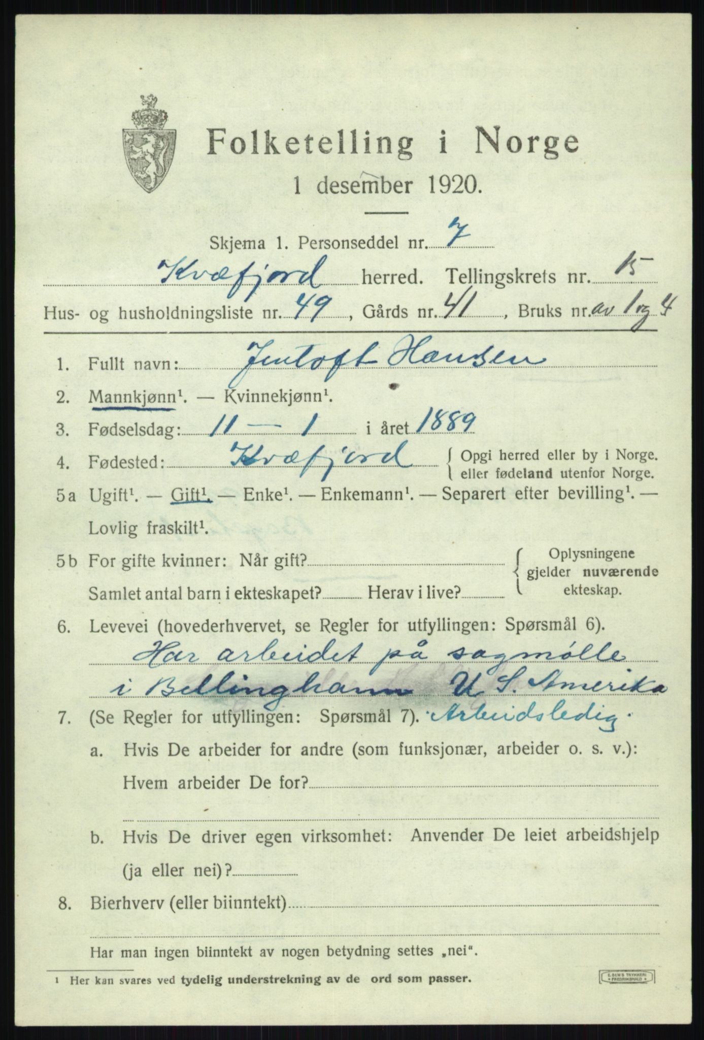 SATØ, 1920 census for Kvæfjord, 1920, p. 7479