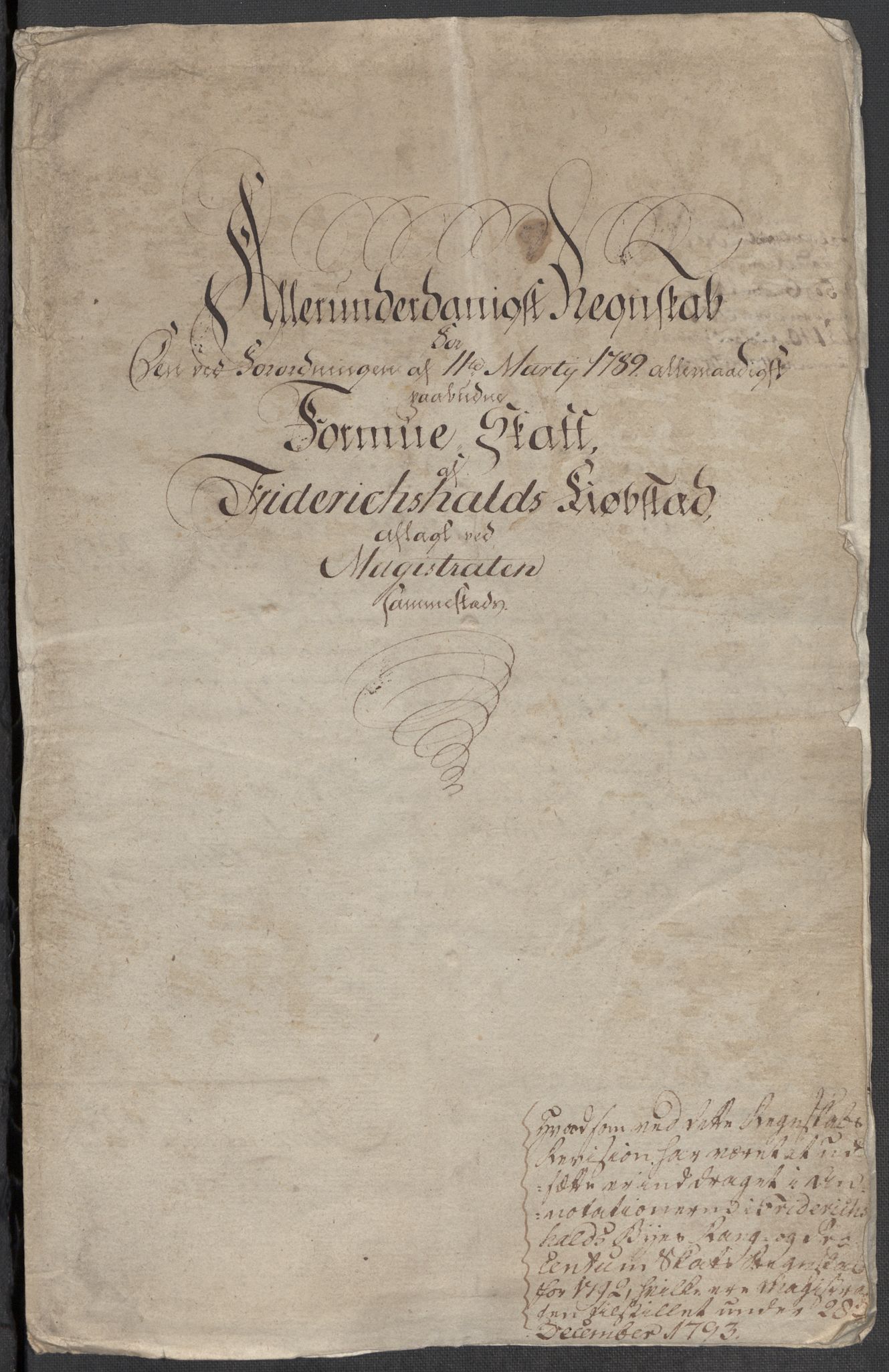 Rentekammeret inntil 1814, Reviderte regnskaper, Mindre regnskaper, AV/RA-EA-4068/Rf/Rfe/L0008: Kristiansand. Kristiansund. Fredrikshald (Halden), 1789, p. 268