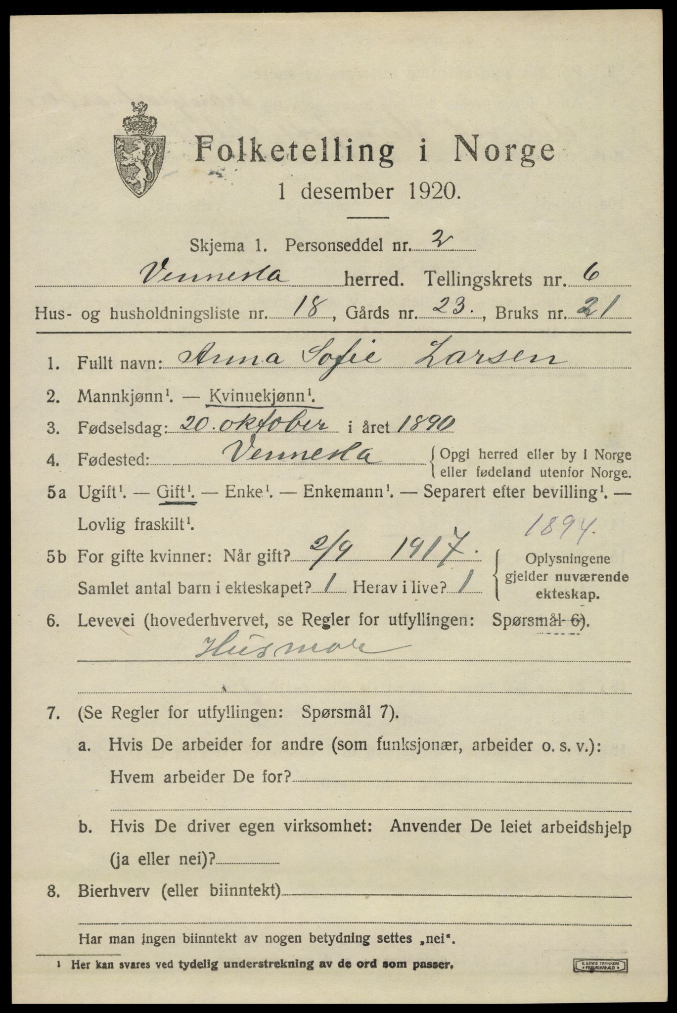 SAK, 1920 census for Vennesla, 1920, p. 4530