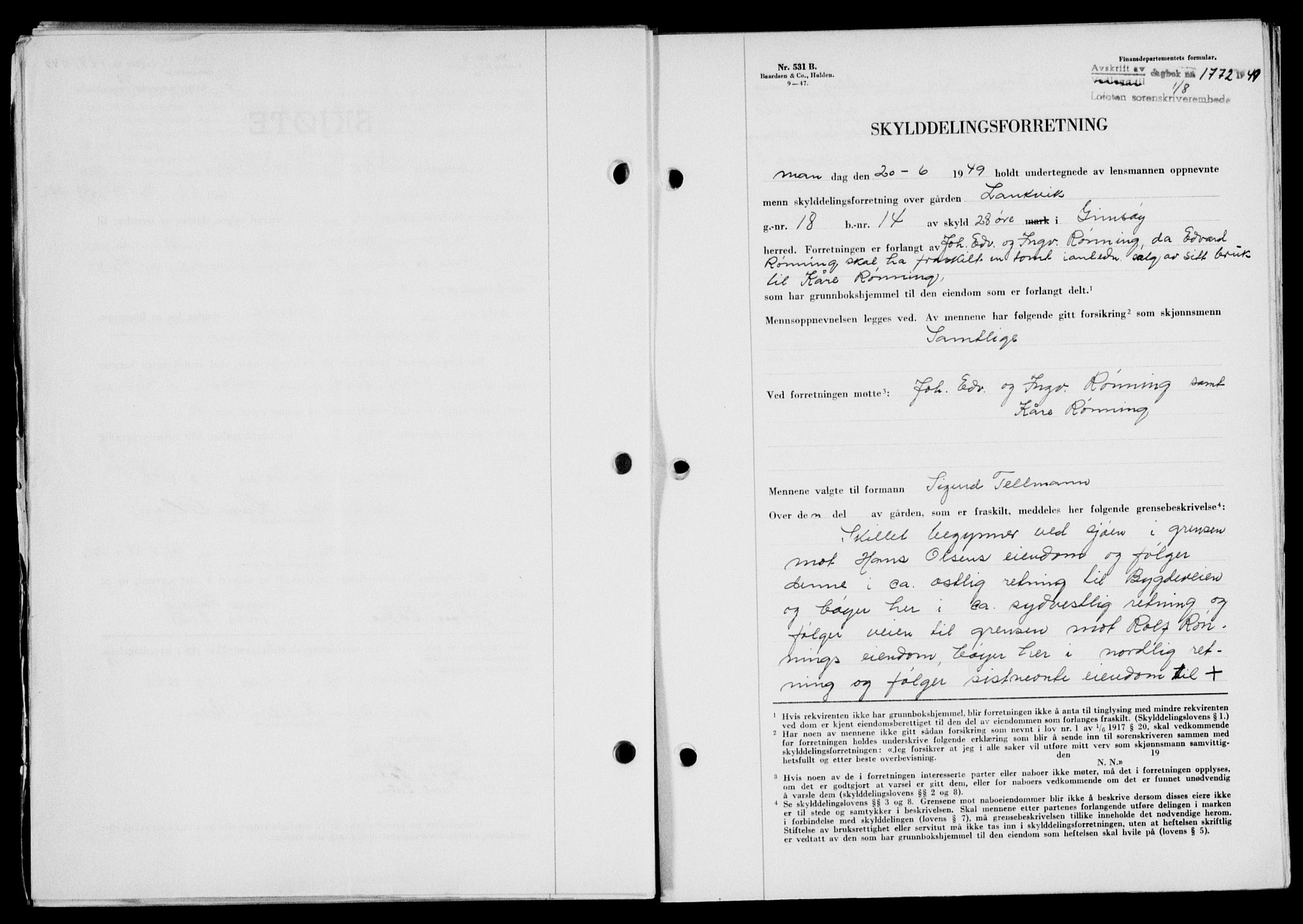 Lofoten sorenskriveri, SAT/A-0017/1/2/2C/L0021a: Mortgage book no. 21a, 1949-1949, Diary no: : 1772/1949