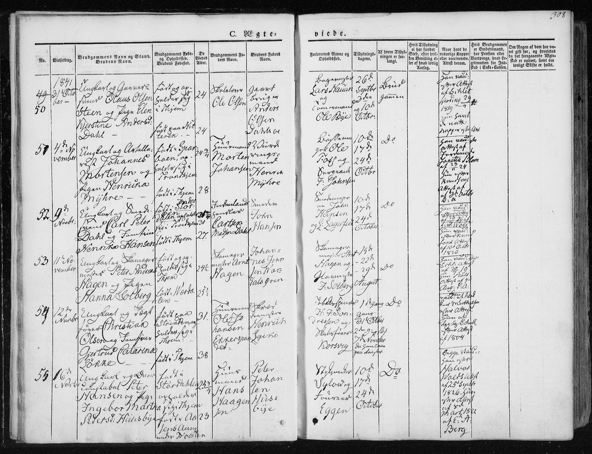 Ministerialprotokoller, klokkerbøker og fødselsregistre - Sør-Trøndelag, SAT/A-1456/601/L0049: Parish register (official) no. 601A17, 1839-1847, p. 308