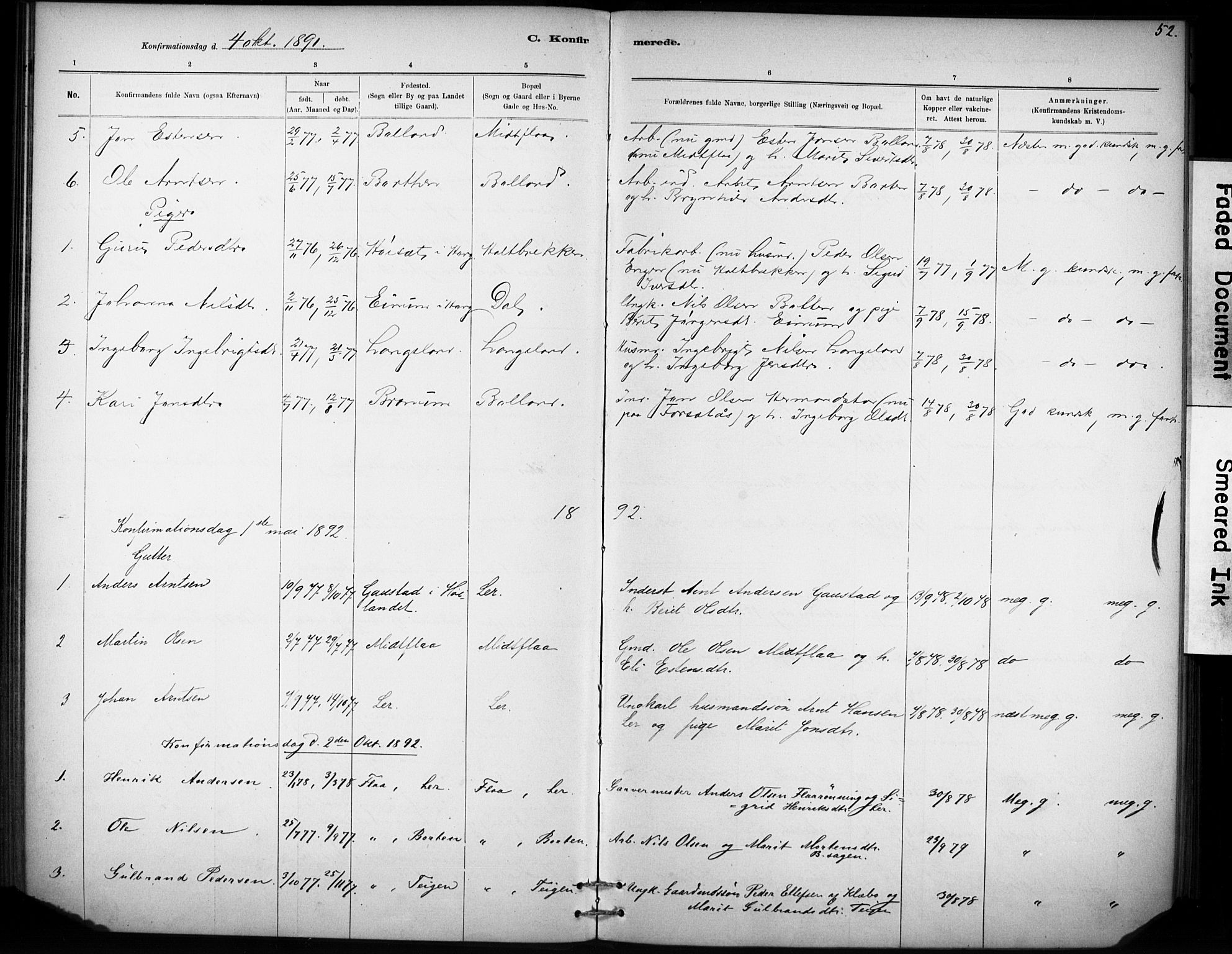 Ministerialprotokoller, klokkerbøker og fødselsregistre - Sør-Trøndelag, AV/SAT-A-1456/693/L1119: Parish register (official) no. 693A01, 1887-1905, p. 52