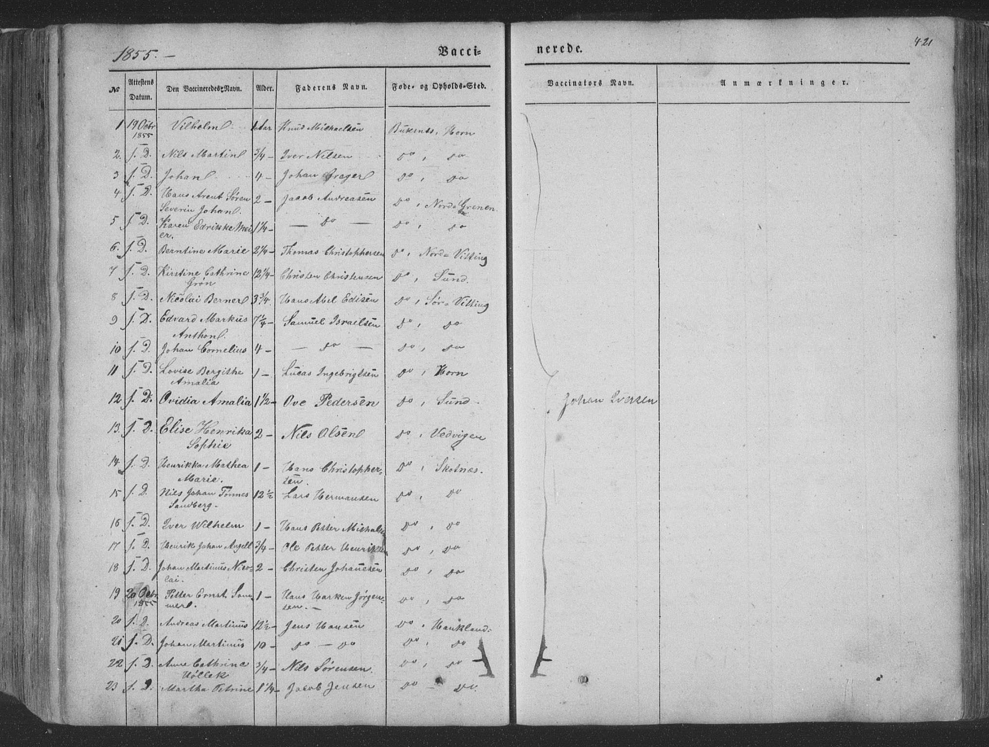 Ministerialprotokoller, klokkerbøker og fødselsregistre - Nordland, AV/SAT-A-1459/881/L1165: Parish register (copy) no. 881C02, 1854-1876, p. 421