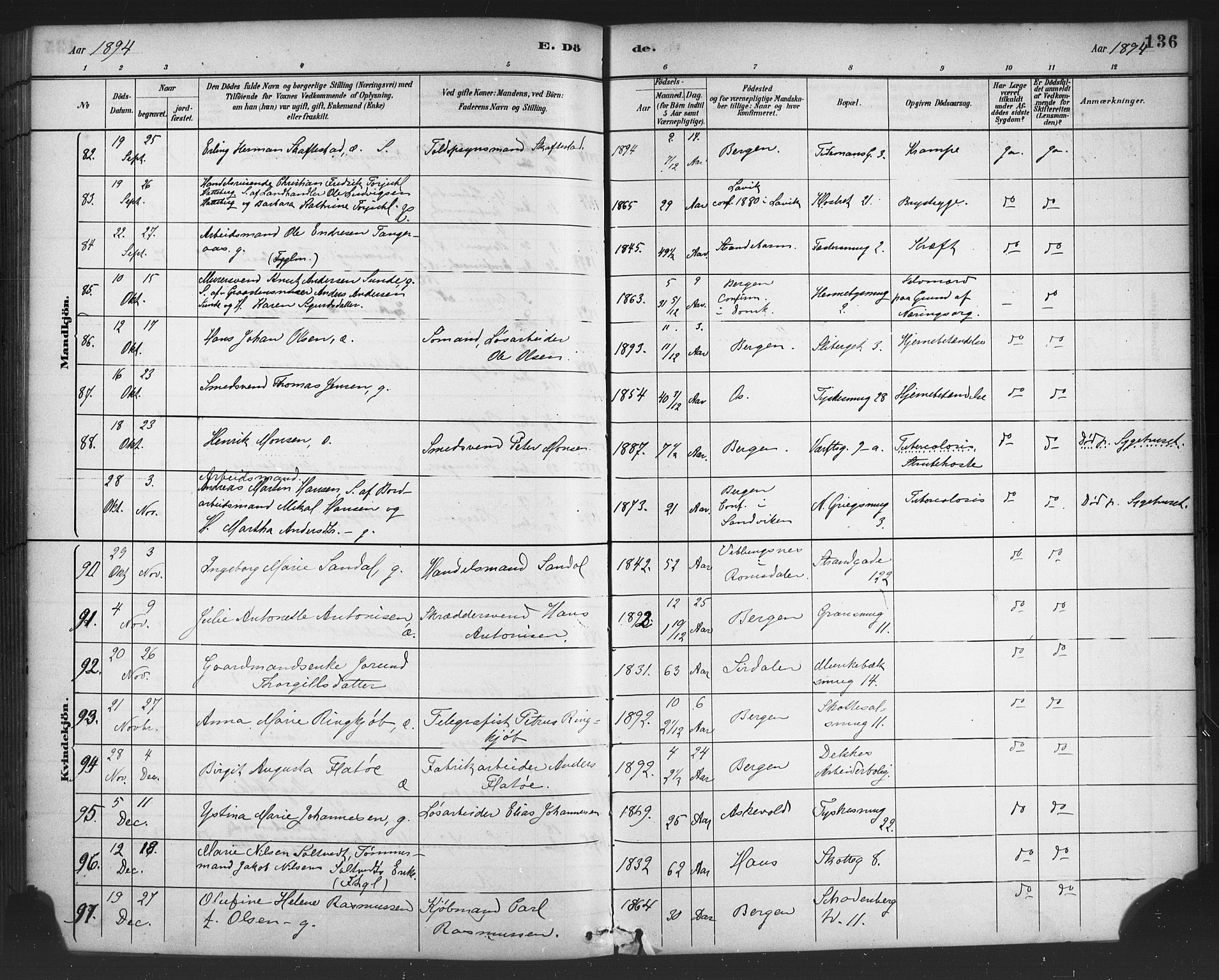 Nykirken Sokneprestembete, AV/SAB-A-77101/H/Haa/L0044: Parish register (official) no. E 4, 1882-1898, p. 136