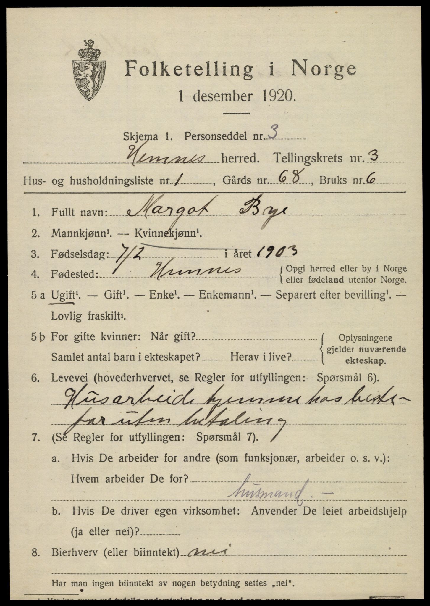 SAT, 1920 census for Hemnes, 1920, p. 4412