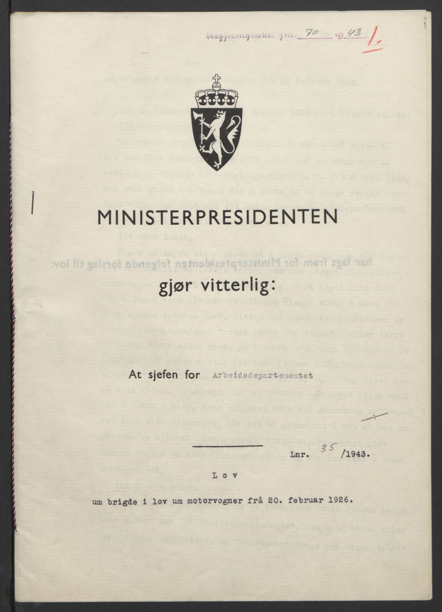 NS-administrasjonen 1940-1945 (Statsrådsekretariatet, de kommisariske statsråder mm), RA/S-4279/D/Db/L0099: Lover, 1943, p. 146