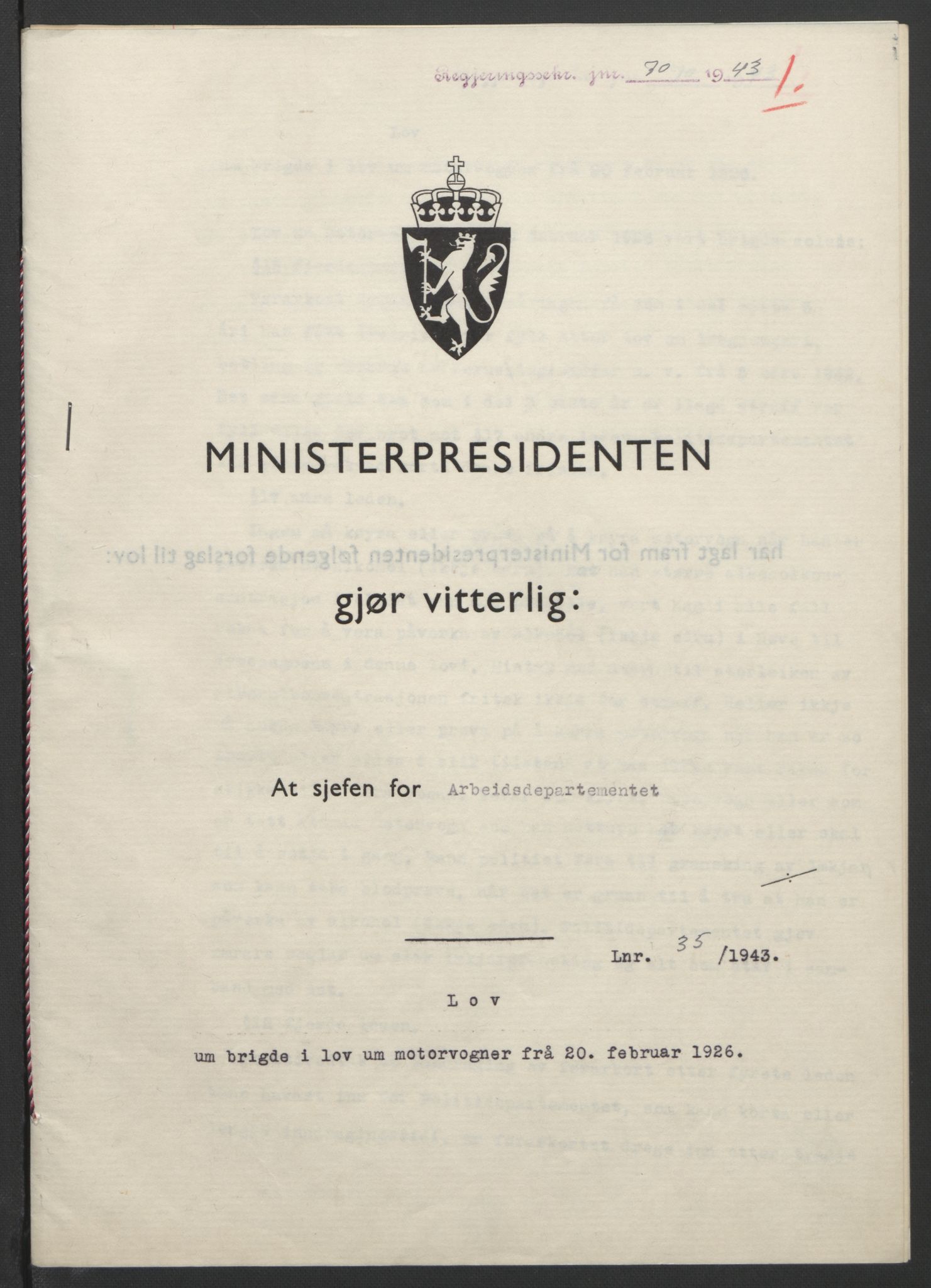 NS-administrasjonen 1940-1945 (Statsrådsekretariatet, de kommisariske statsråder mm), AV/RA-S-4279/D/Db/L0099: Lover, 1943, p. 146