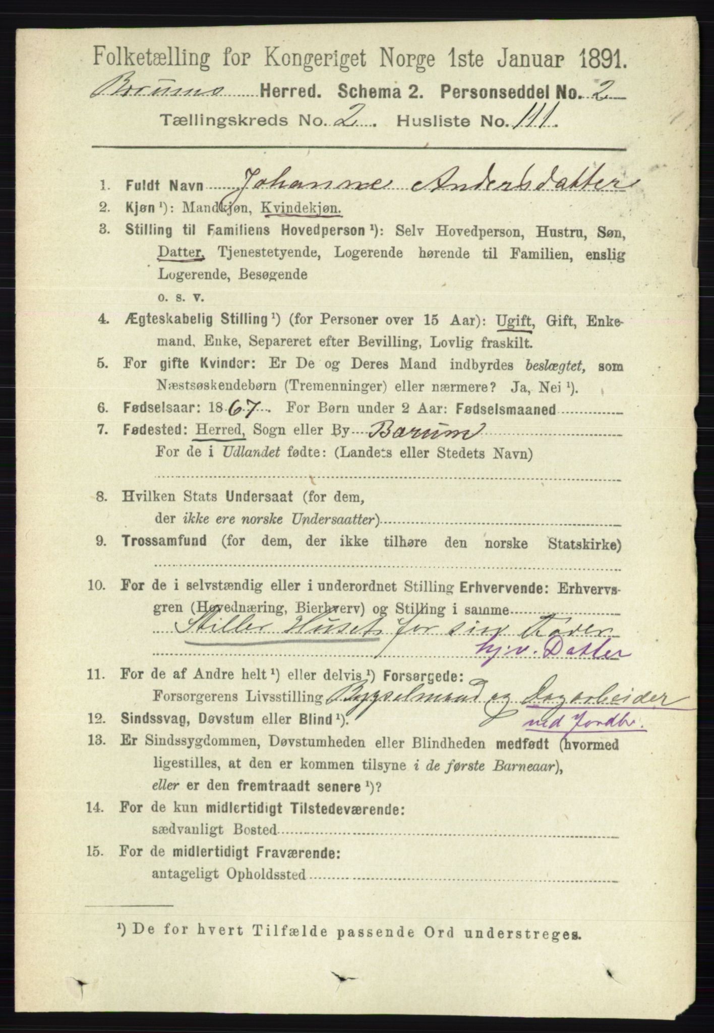 RA, 1891 census for 0219 Bærum, 1891, p. 1890