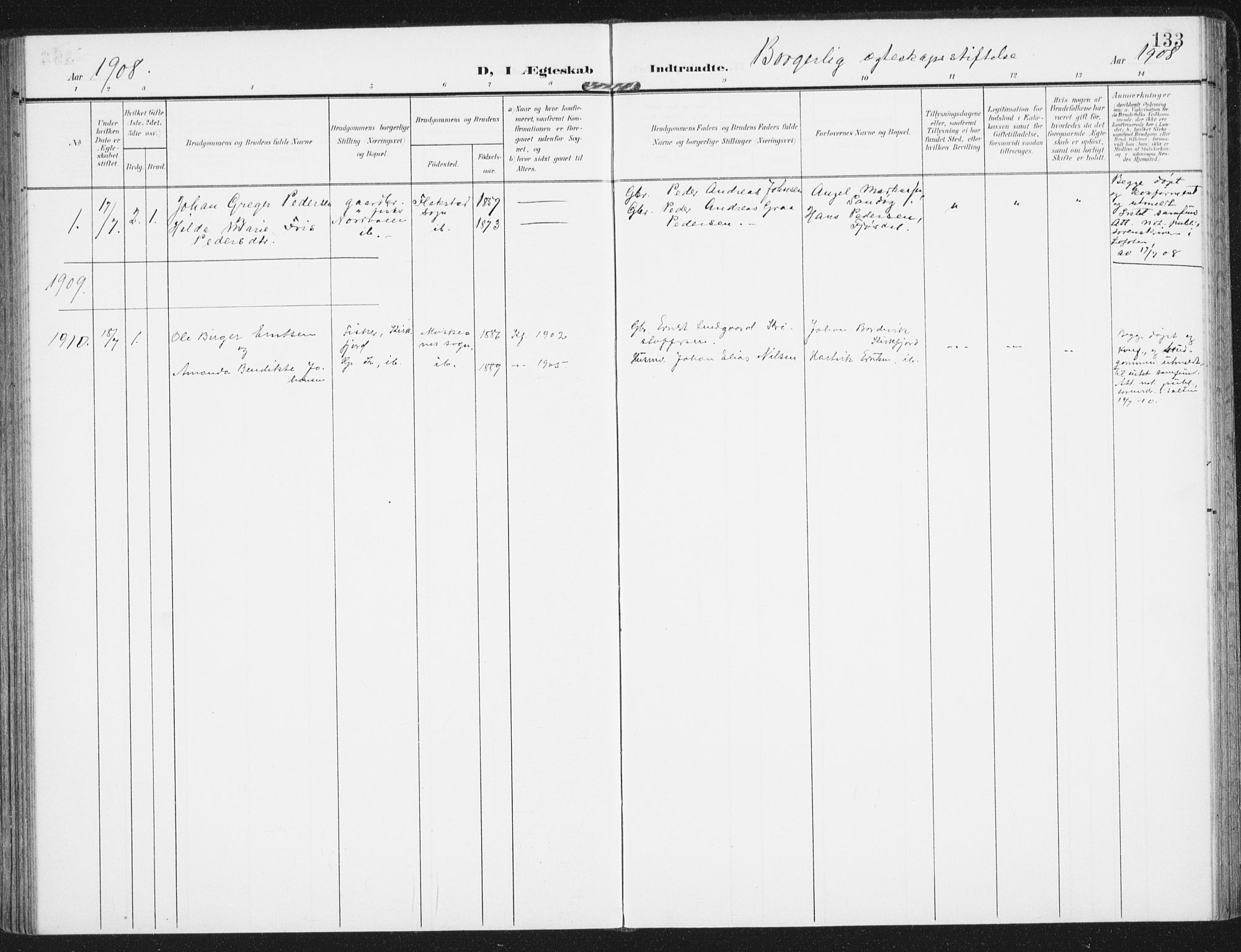 Ministerialprotokoller, klokkerbøker og fødselsregistre - Nordland, SAT/A-1459/885/L1206: Parish register (official) no. 885A07, 1905-1915, p. 133