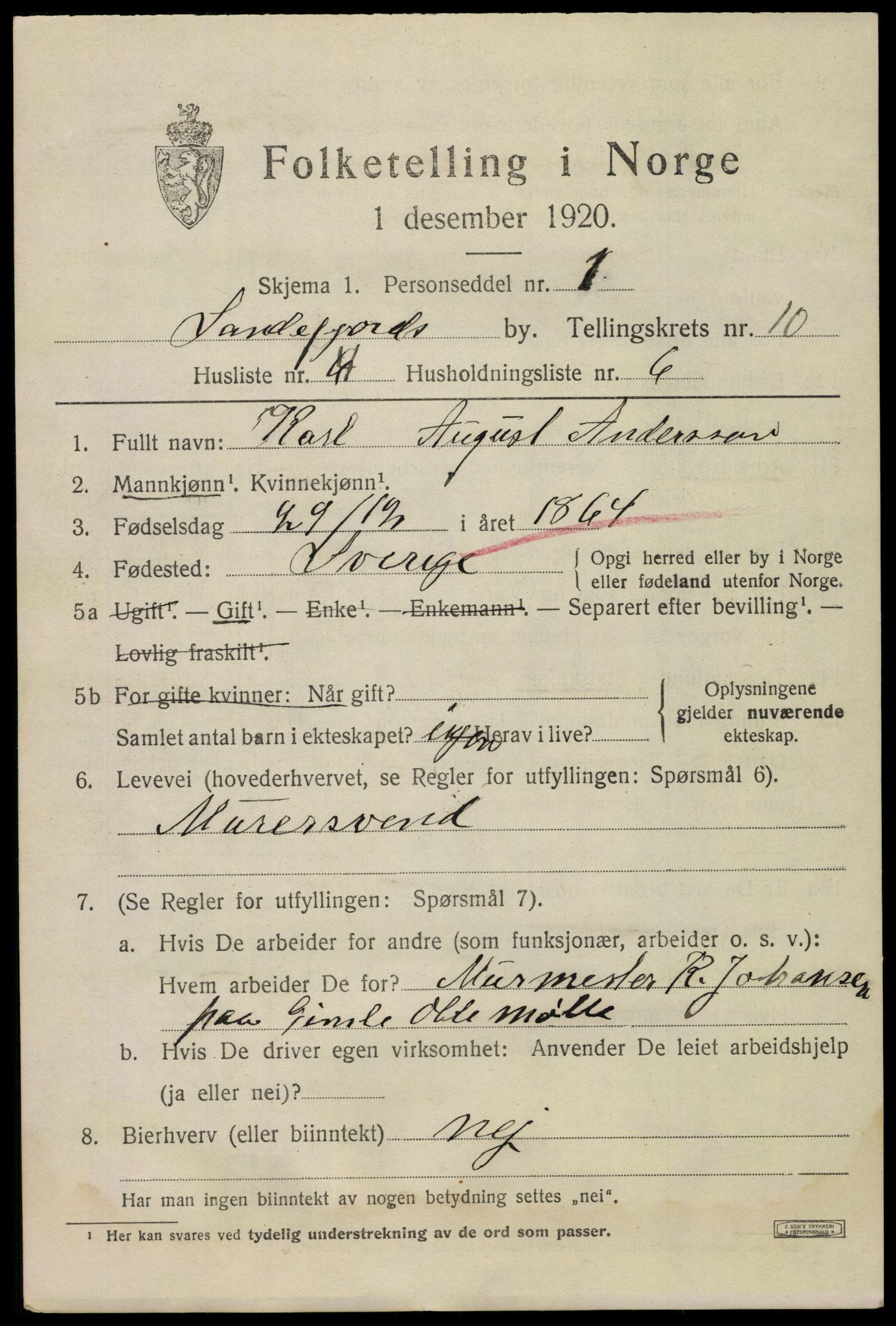 SAKO, 1920 census for Sandefjord, 1920, p. 14164