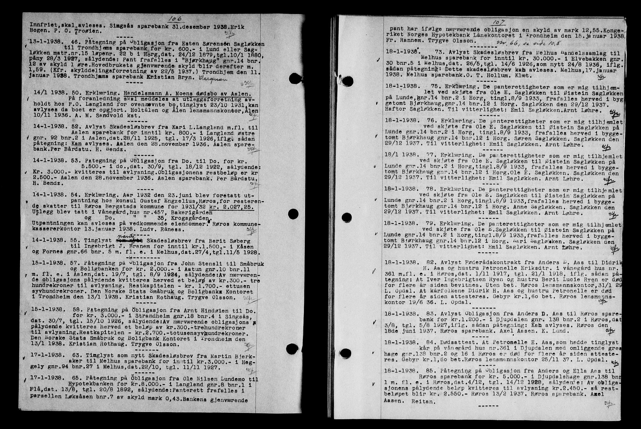 Gauldal sorenskriveri, SAT/A-0014/1/2/2C/L0048: Mortgage book no. 51-52, 1937-1938, p. 106-107, Diary no: : 46/1938
