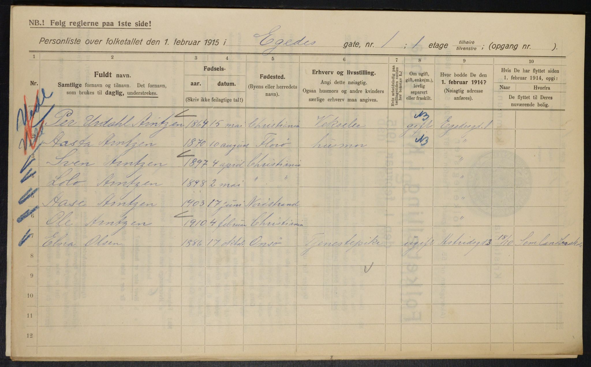 OBA, Municipal Census 1915 for Kristiania, 1915, p. 18309