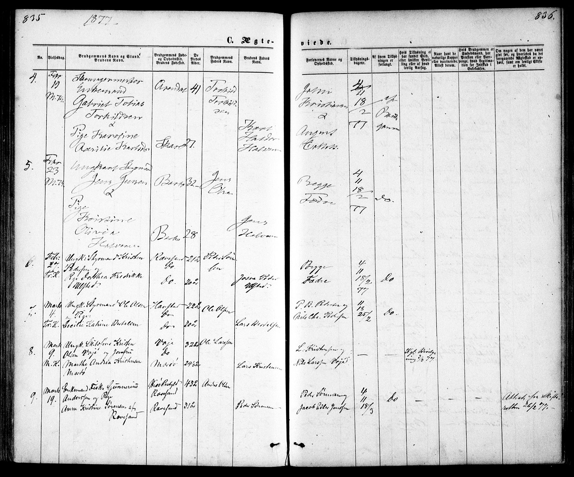 Tromøy sokneprestkontor, AV/SAK-1111-0041/F/Fa/L0008: Parish register (official) no. A 8, 1870-1877, p. 835-836