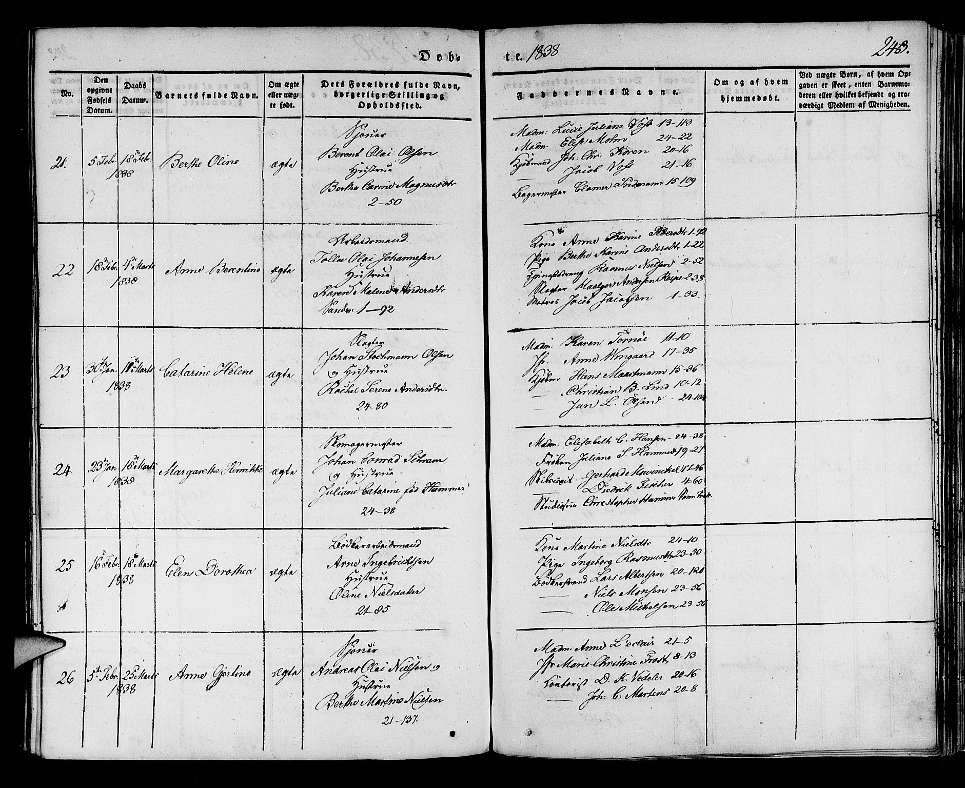 Korskirken sokneprestembete, AV/SAB-A-76101/H/Haa/L0015: Parish register (official) no. B 1, 1833-1841, p. 243