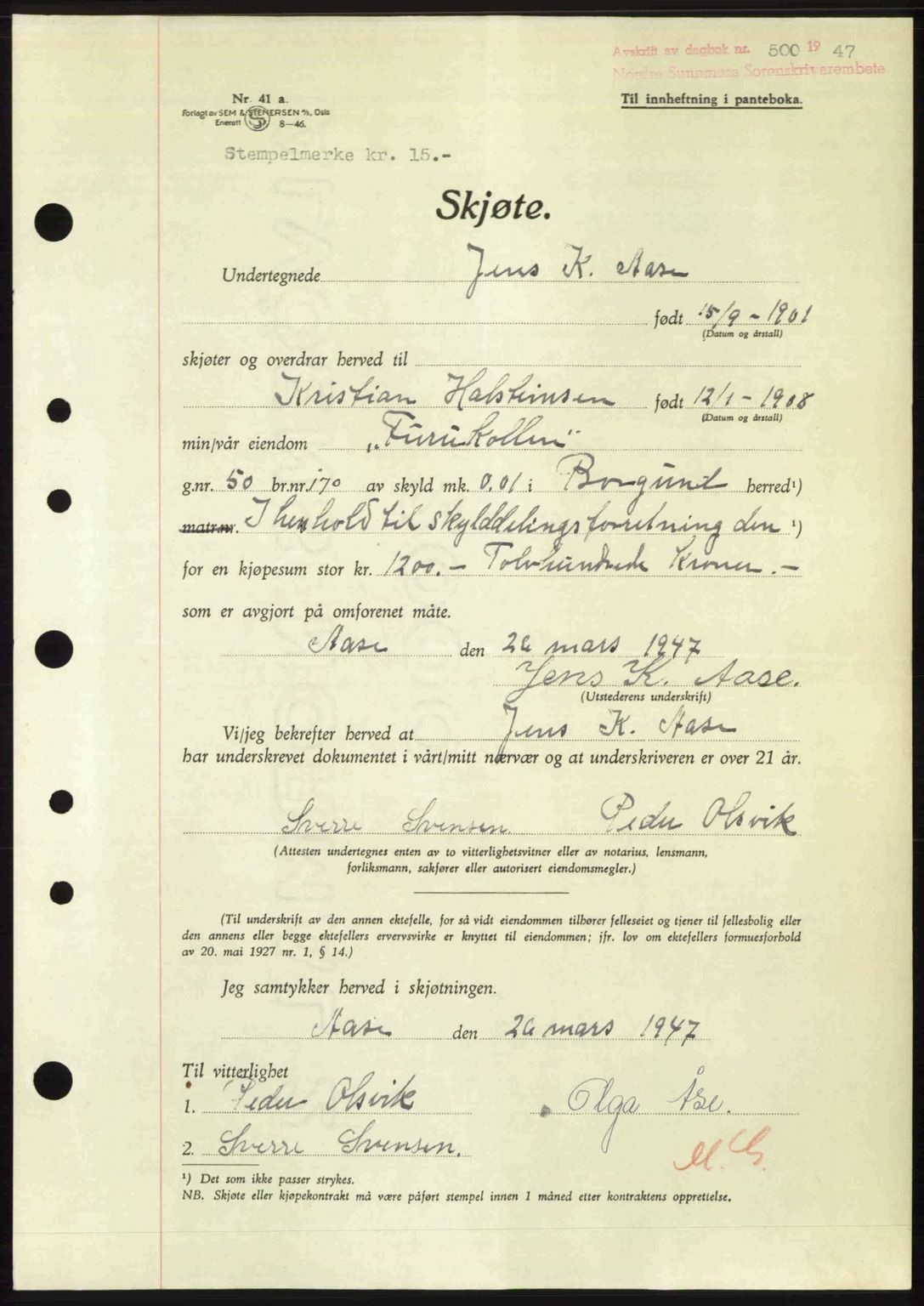 Nordre Sunnmøre sorenskriveri, AV/SAT-A-0006/1/2/2C/2Ca: Mortgage book no. A24, 1947-1947, Diary no: : 500/1947