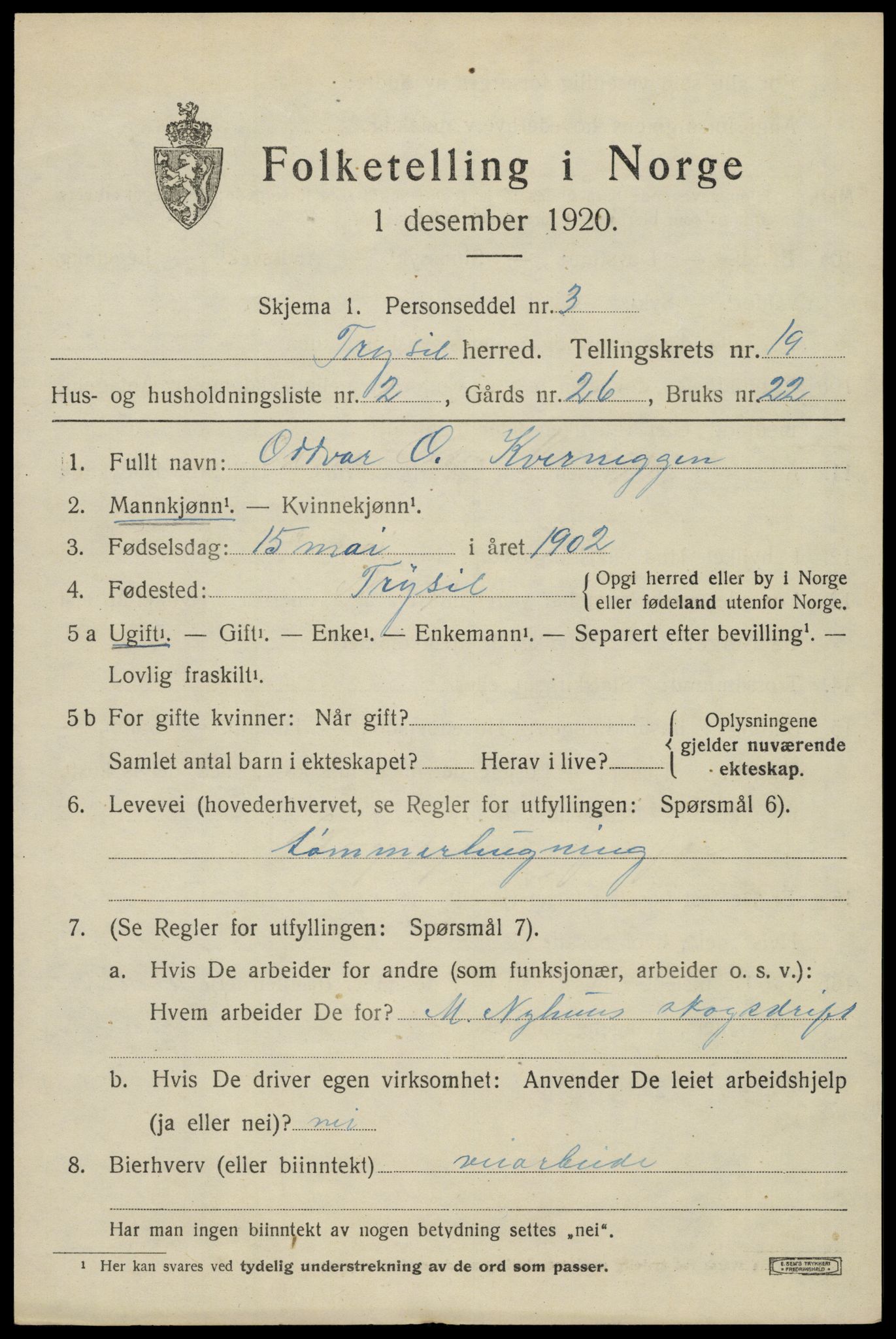 SAH, 1920 census for Trysil, 1920, p. 12739