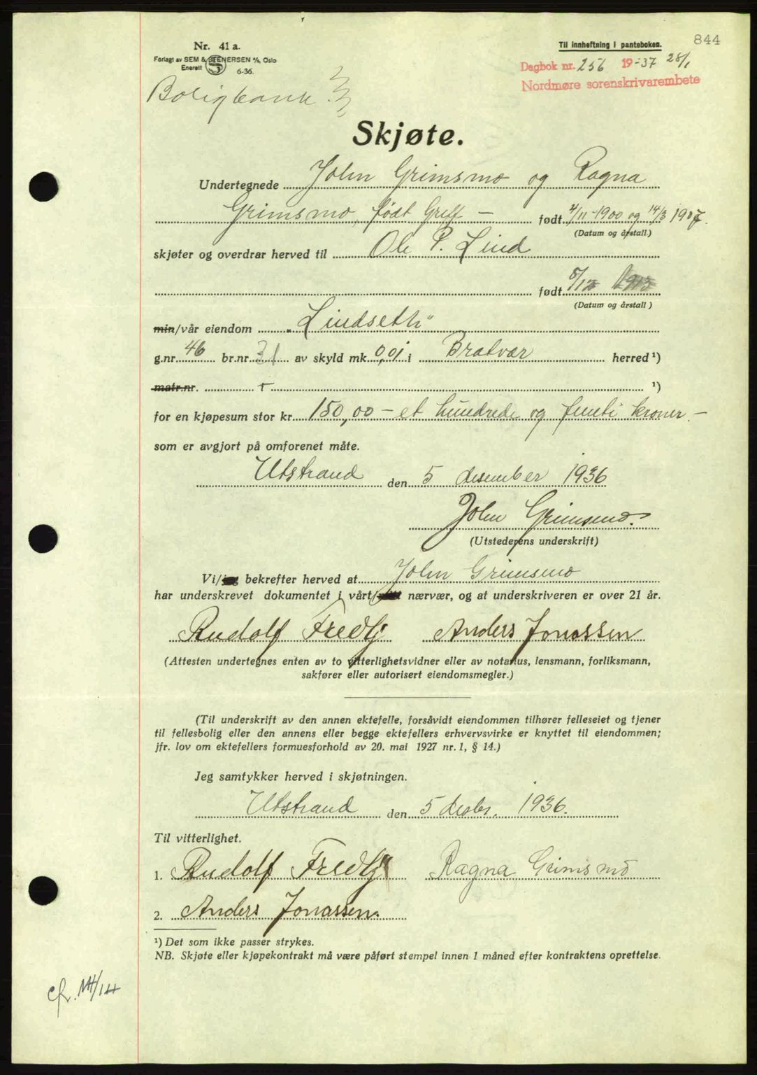 Nordmøre sorenskriveri, AV/SAT-A-4132/1/2/2Ca: Mortgage book no. A80, 1936-1937, Diary no: : 256/1937