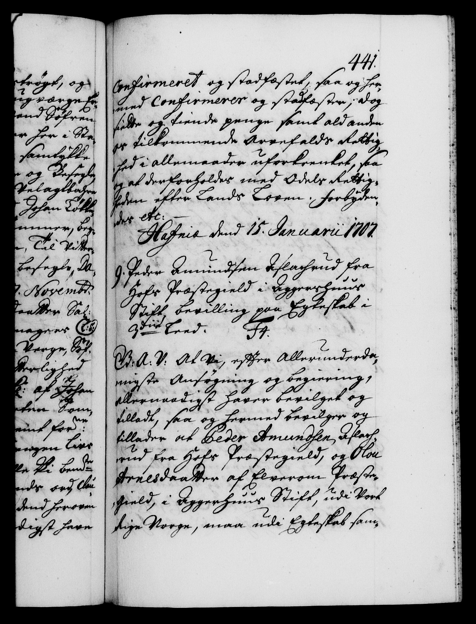 Danske Kanselli 1572-1799, AV/RA-EA-3023/F/Fc/Fca/Fcaa/L0019: Norske registre, 1704-1707, p. 441a