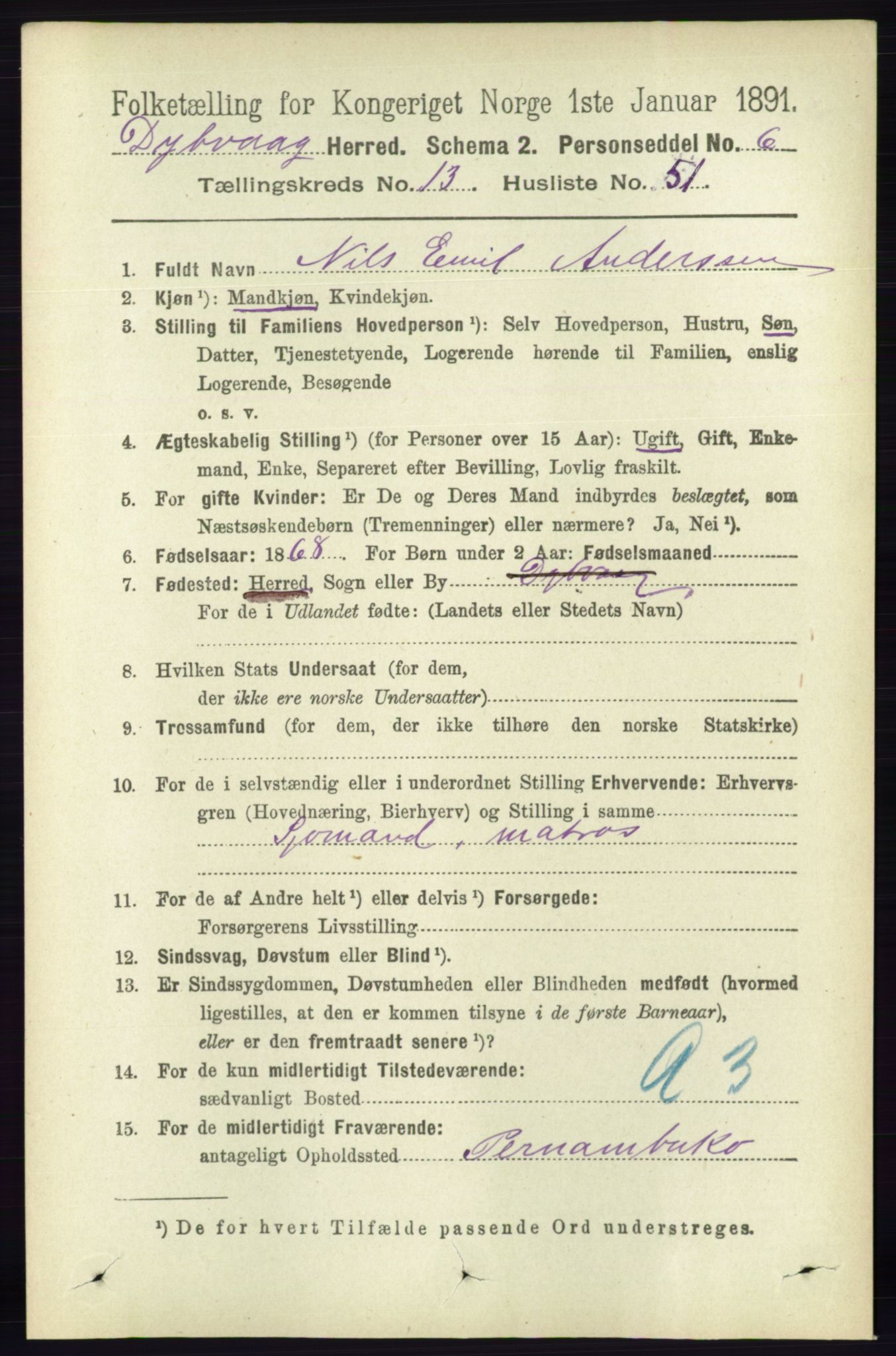 RA, 1891 census for 0915 Dypvåg, 1891, p. 5603