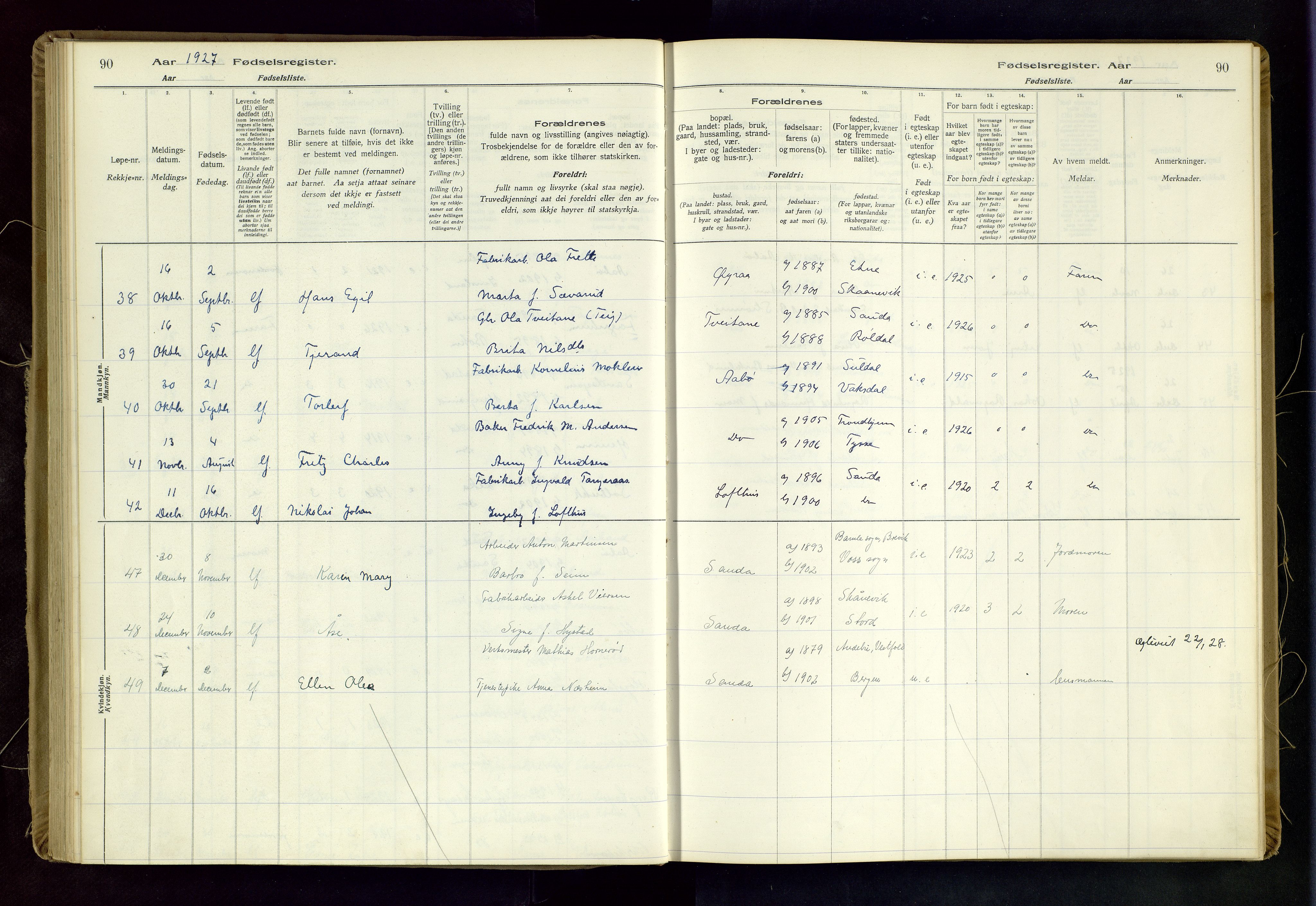 Sand sokneprestkontor, AV/SAST-A-101848/03/C/L0003: Birth register no. 3, 1916-1936, p. 90