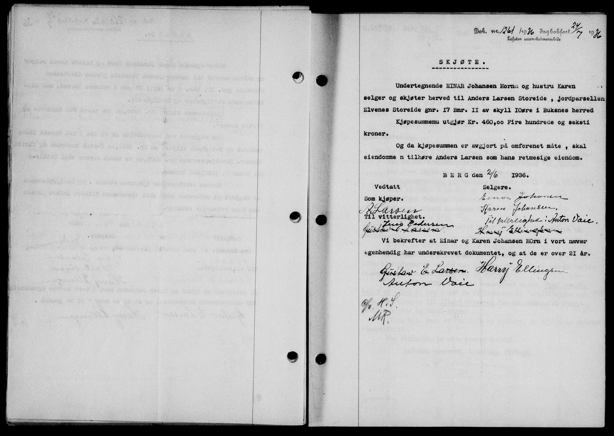 Lofoten sorenskriveri, SAT/A-0017/1/2/2C/L0001a: Mortgage book no. 1a, 1936-1937, Diary no: : 1261/1936