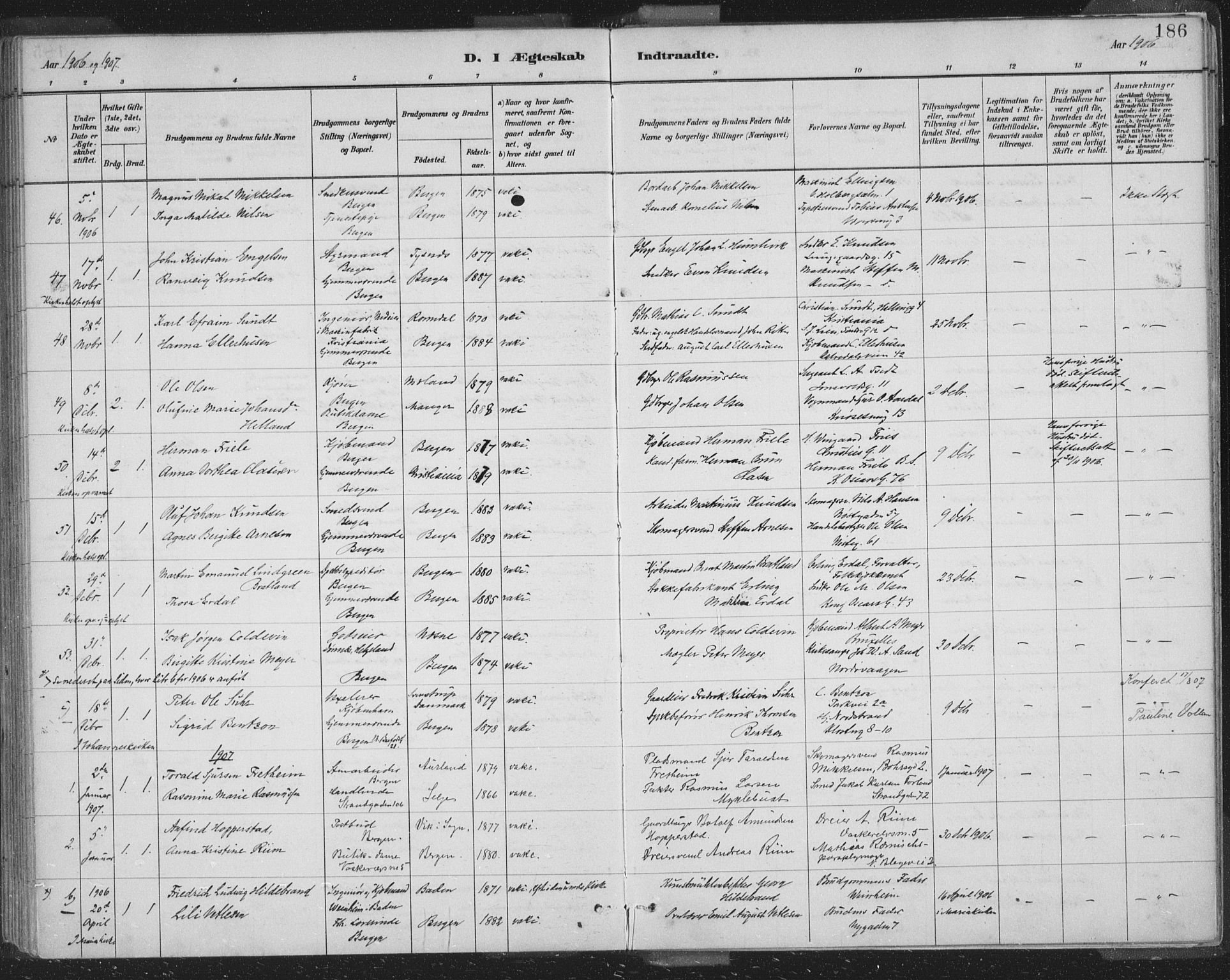 Domkirken sokneprestembete, SAB/A-74801/H/Hab/L0032: Parish register (copy) no. D 4, 1880-1907, p. 186