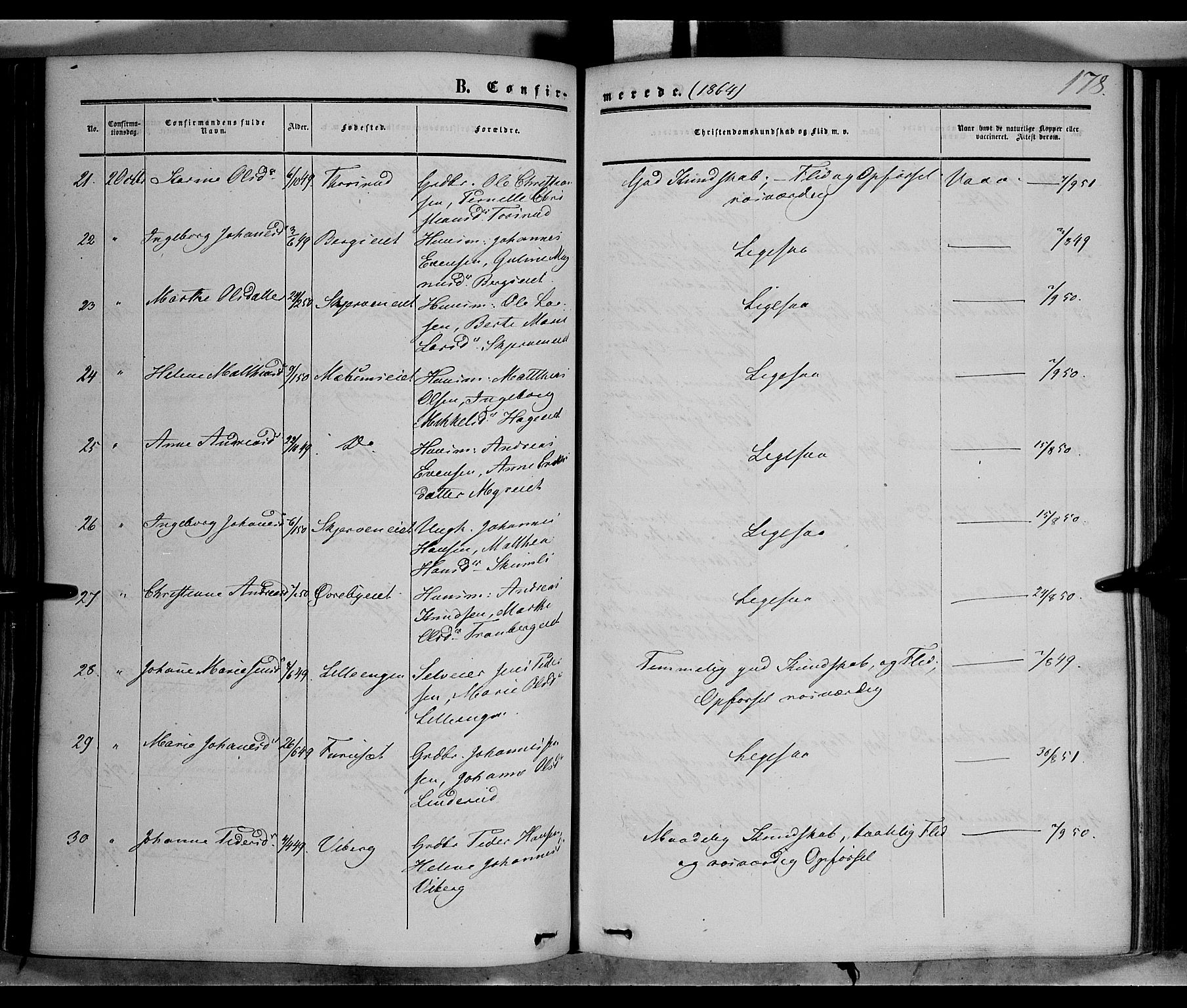 Vardal prestekontor, AV/SAH-PREST-100/H/Ha/Haa/L0006: Parish register (official) no. 6, 1854-1866, p. 178