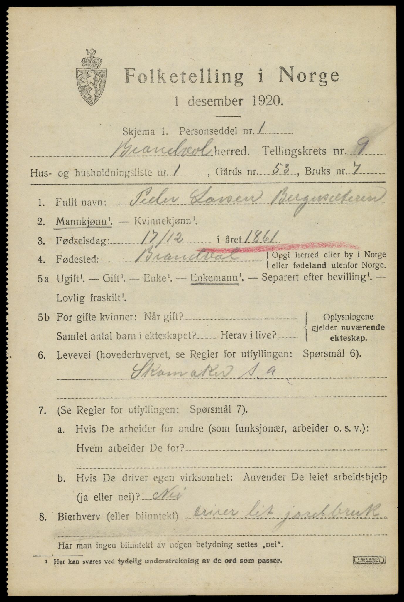 SAH, 1920 census for Brandval, 1920, p. 7292