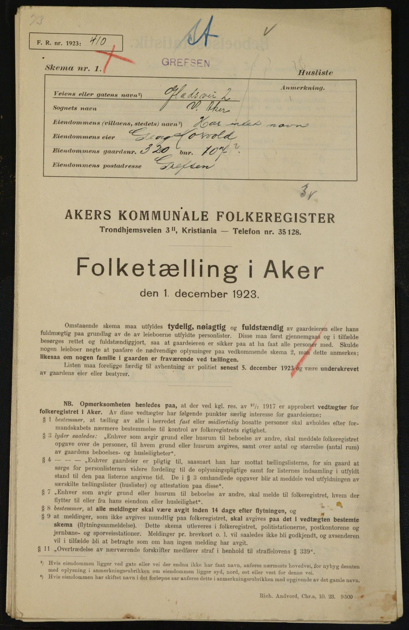 , Municipal Census 1923 for Aker, 1923, p. 9955