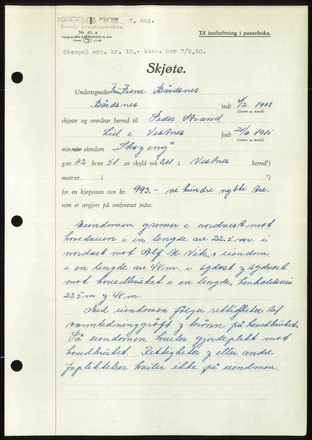 Romsdal sorenskriveri, AV/SAT-A-4149/1/2/2C: Mortgage book no. A34, 1950-1950, Diary no: : 2439/1950