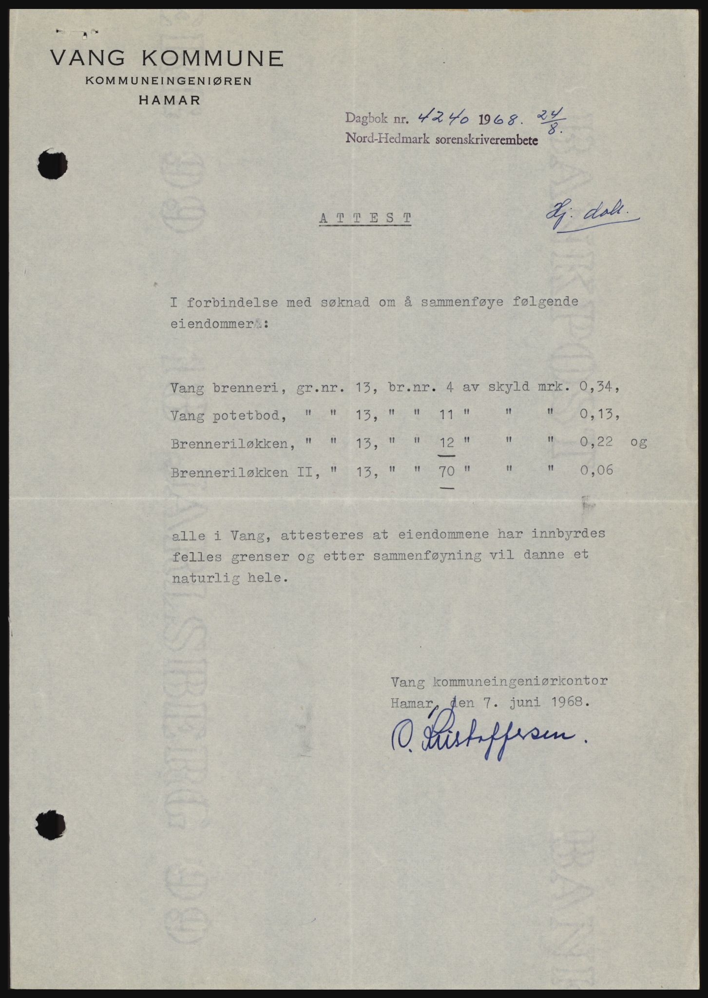 Nord-Hedmark sorenskriveri, SAH/TING-012/H/Hc/L0028: Mortgage book no. 28, 1968-1968, Diary no: : 4240/1968